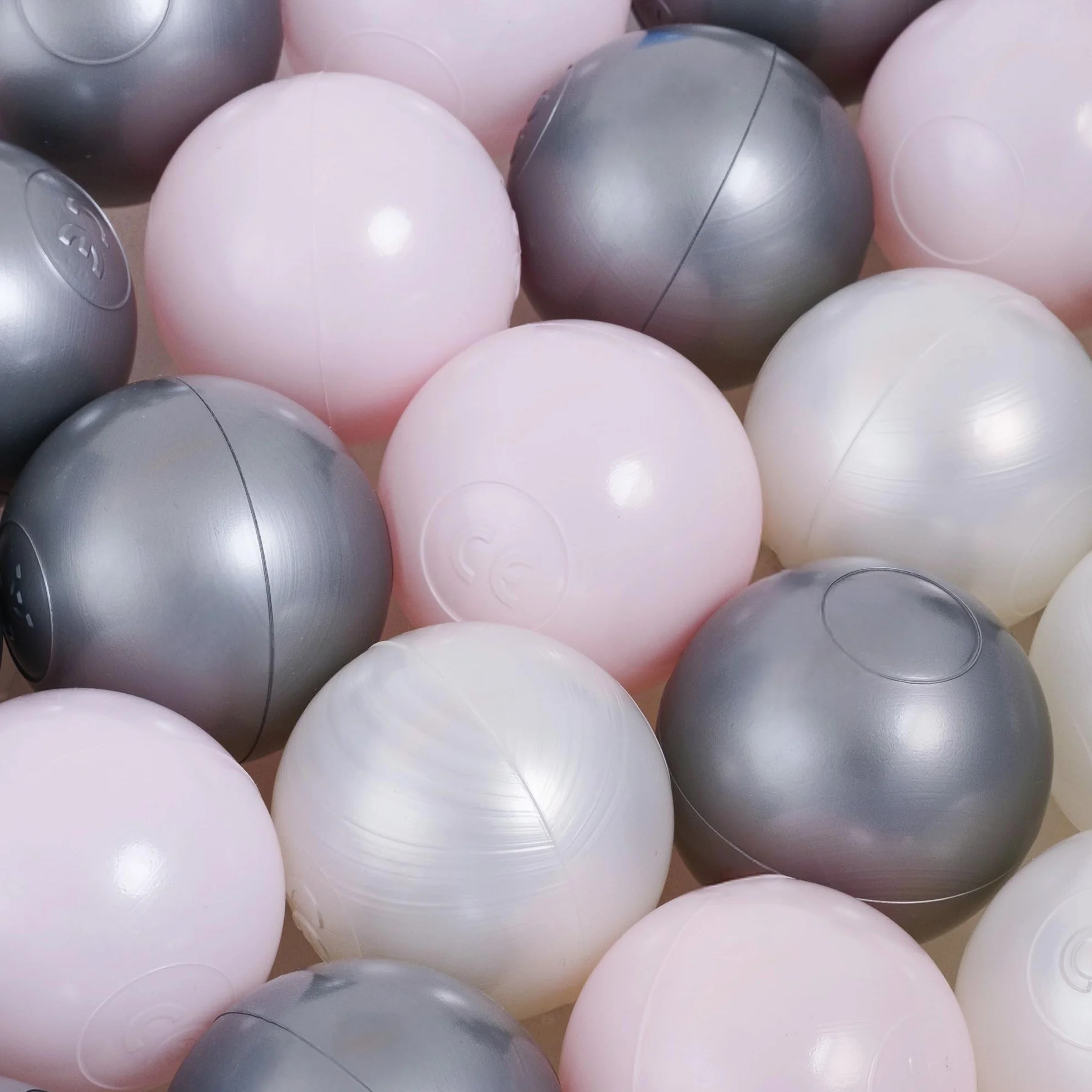 MISIOO Piłki do basenu z piłkami, 150 sztuk, średnica 6 cm, plastikowe piłki wyprodukowane w 100% z LDPE, zabawka dla niemowląt, jasnoróżowe/perłowe/srebrne
