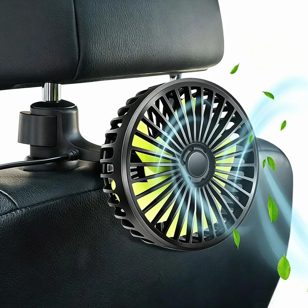 Foreverup Wentylator samochodowy USB, wentylator na tylne siedzenie z 3 regulowanymi prędkościami, wentylator samochodowy 12 V pasuje do sedanów, SUV, ciężarówek i kamperów, czarny