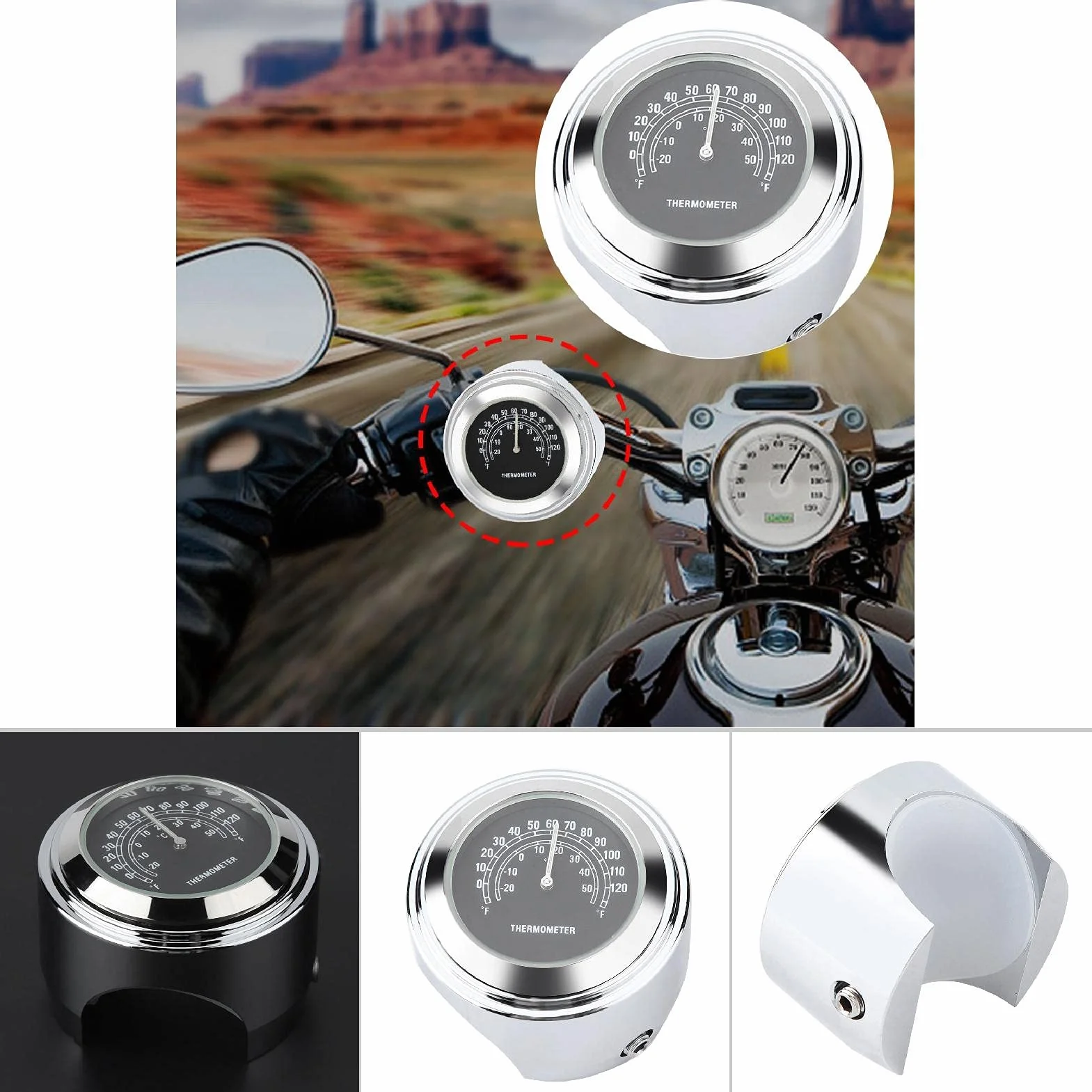 Termometr do montażu na kierownicy, powłoka galwaniczna Wodoodporny termometr ze stopu aluminium do montażu na kierownicy do motocykla do motocykla(Czarny)