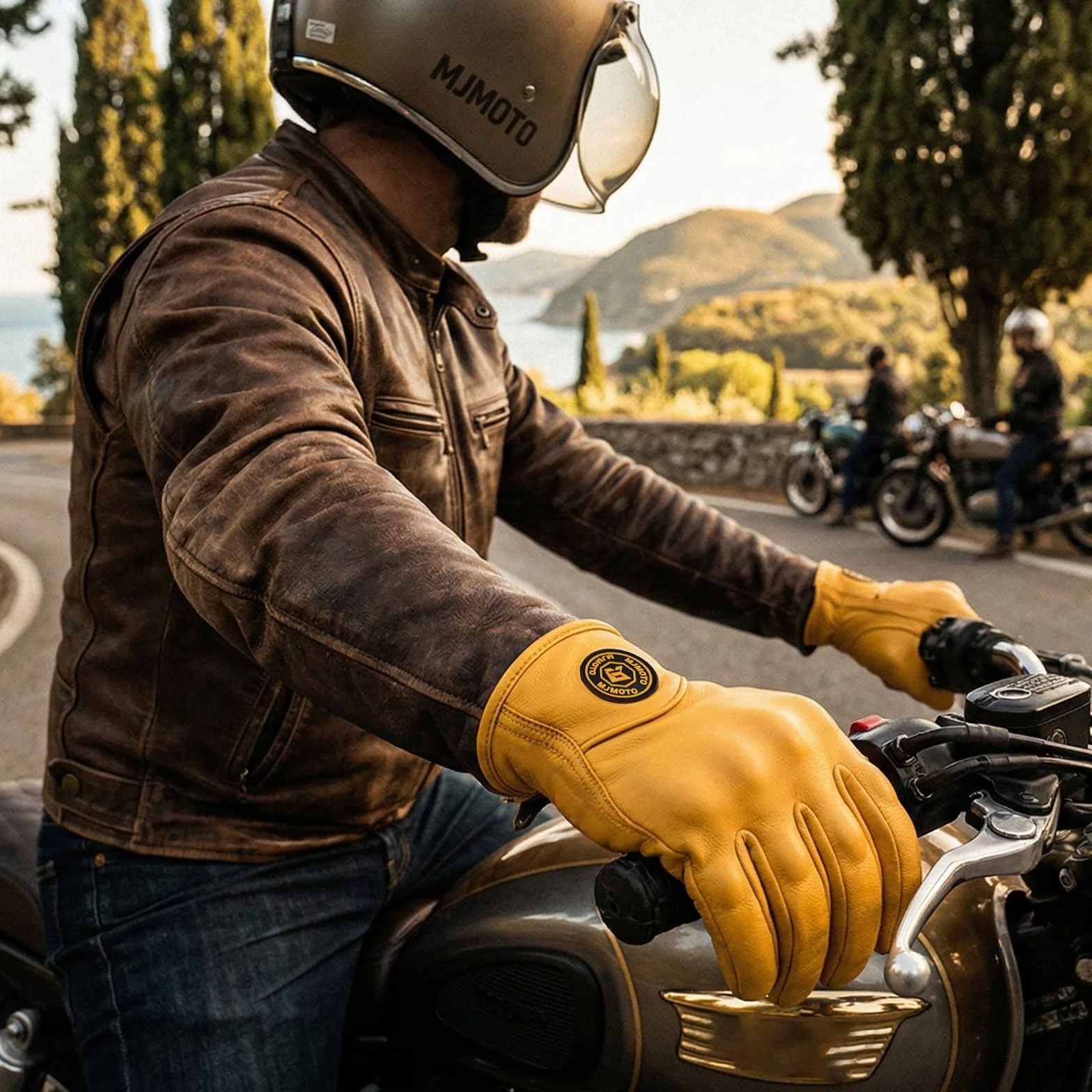 Klasyczne rękawice motocyklowe ze skóry, perforowane, dla mężczyzn, żółte, do motocykli szosowych i wyścigowych
