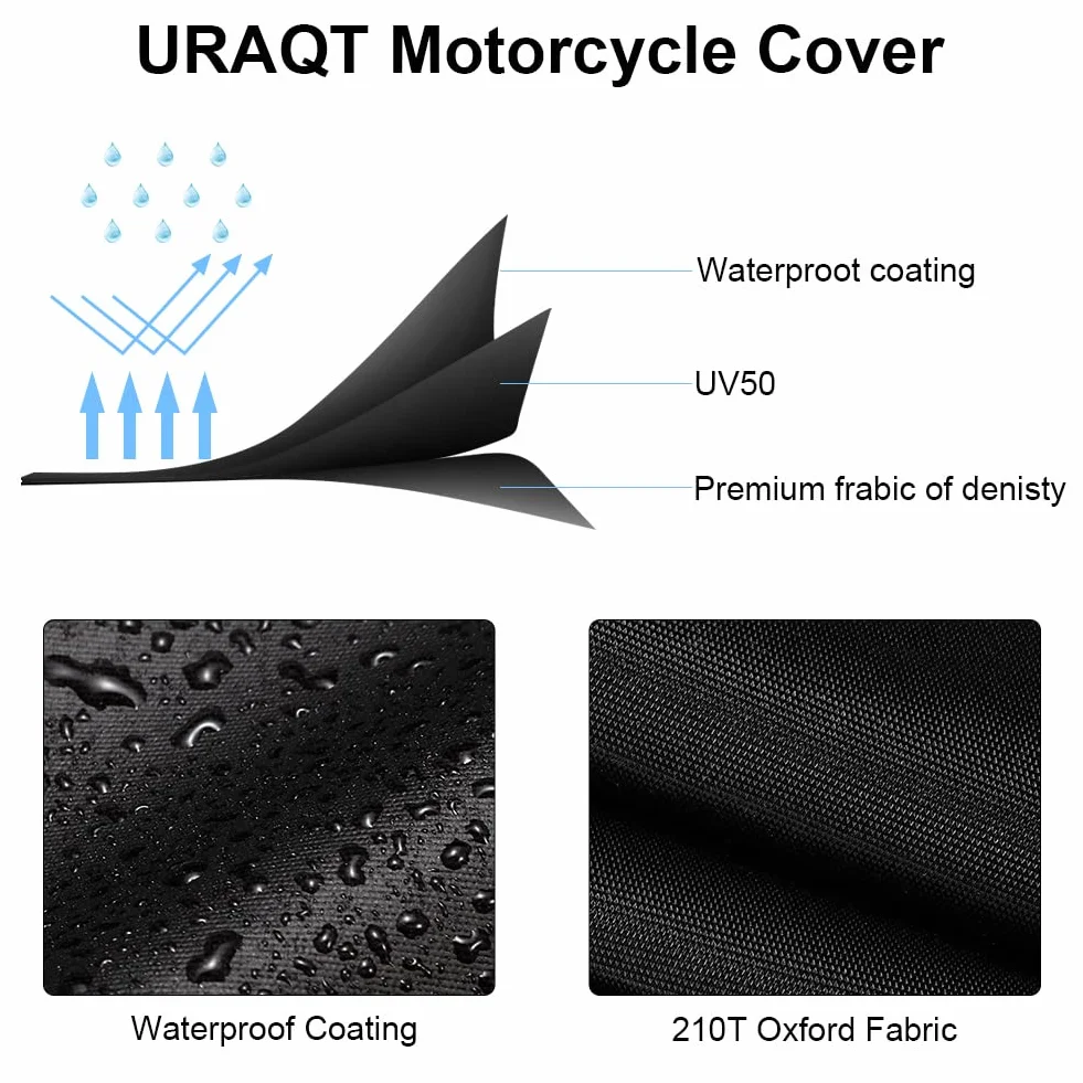 URAQT Pokrowiec na motocykl, wodoodporny pokrowiec na motocykl, wytrzymałe pokrowce na motocykl 210T, z 2 paskami odblaskowymi, wodoodporny, odporny na wiatr, pyłoszczelny, anty-UV, 230x95x125cm (XL)