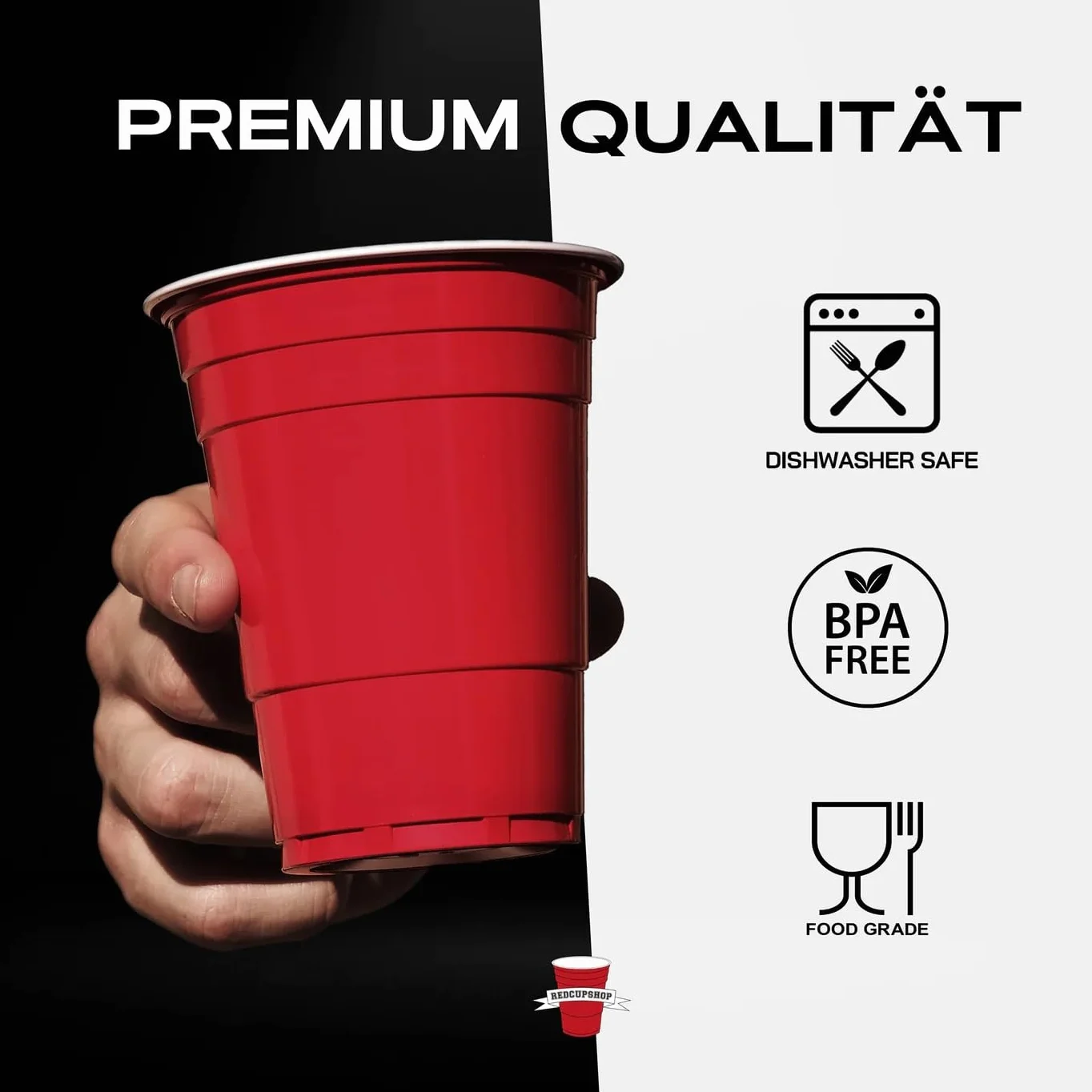 Zestaw kubków RedCupShop® do gry w Beer Pong | 50 czerwonych kubków (473 ml/16 uncji) + 4 piłeczki | Wielokrotnego użytku i odporne na zmywarkę | Czerwone kubki na imprezę do gier i zabaw