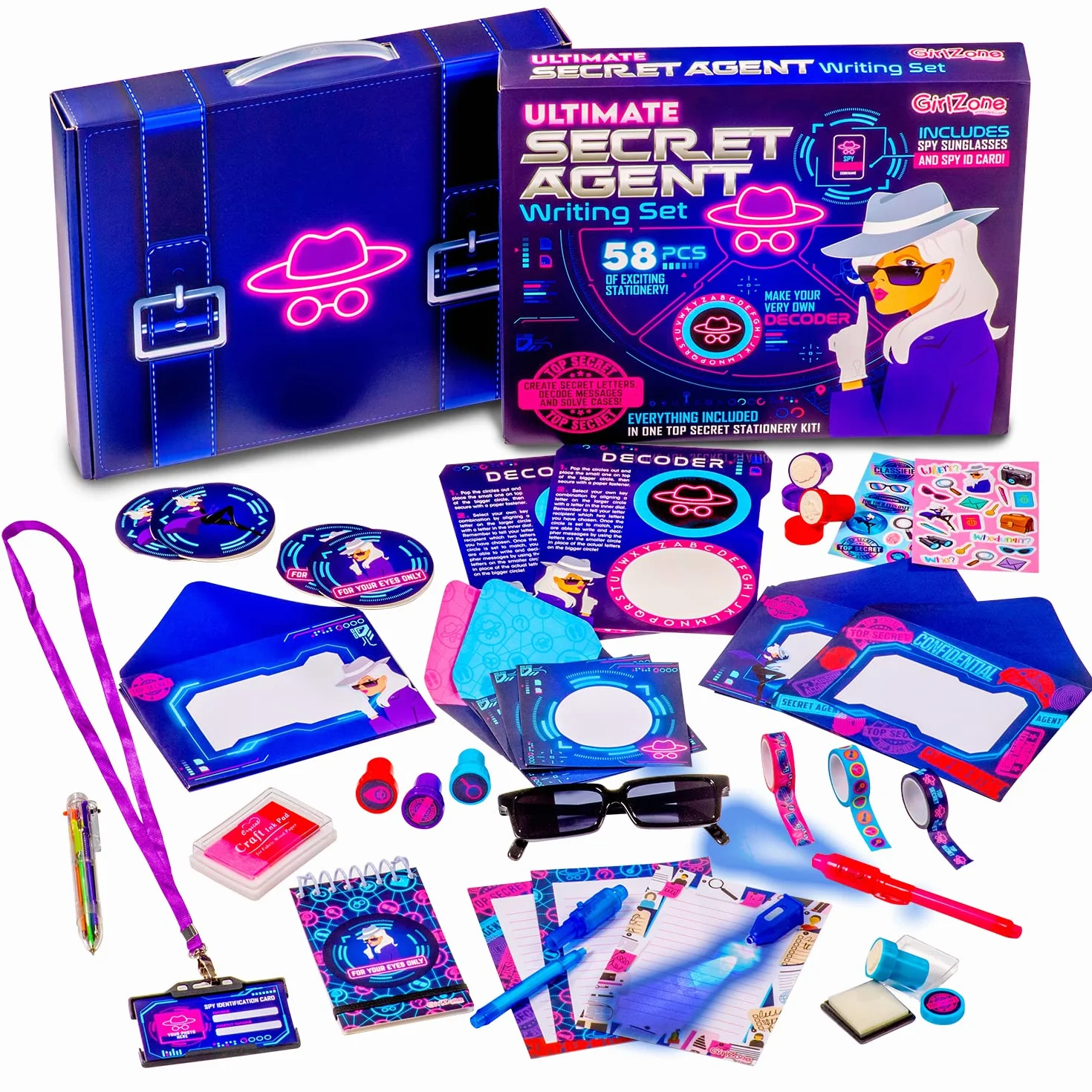 GirlZone Ultimate Secret Agent, zestaw do pisania, ekscytujący zestaw szpiegowski i zabawny zestaw artykułów piśmienniczych z zabawką, papierem papierniczym i kopertami dla dzieci szpiegowskich