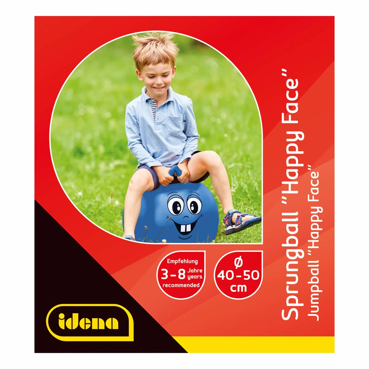 Idena 40094 - piłka do skakania Happy Face w kolorze niebieskim, średnica ok. 45-50 cm, obciążenie do 50 kg, idealna na lato, do parku lub przedszkola