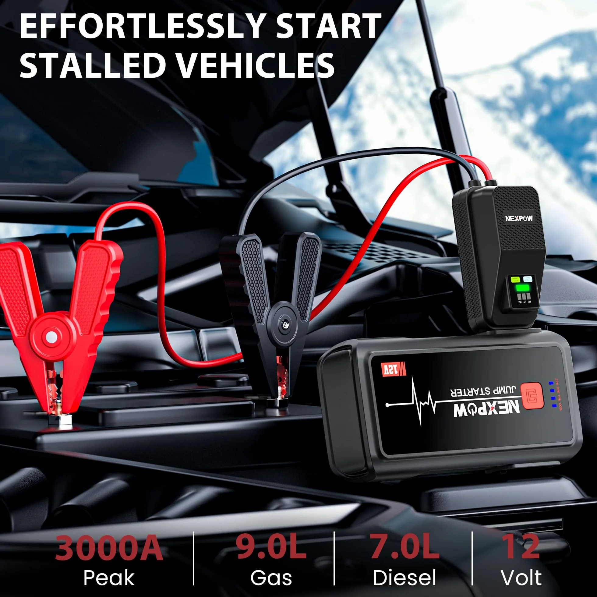 NEXPOW Urządzenie rozruchowe 3000 A do pojazdów 12 V (do 10 l benzyny/8,5 l oleju napędowego), powerbank z latarką LED, USB, do ekranu, wzmacniacz akumulatora samochodowego do SUV-ów, motocykli