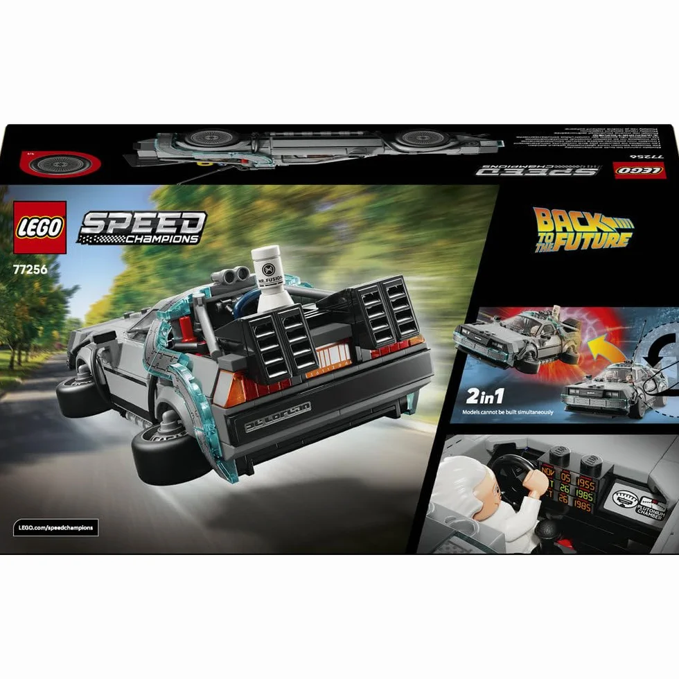 LEGO Speed Champions Wehikuł czasu z Powrotu do przyszłości, zabawka dla dzieci od 9 lat, model samochodu i dwie minifigurki Marty McFly i doktor Brown, prezent dla chłopców i dziewczynek 77256