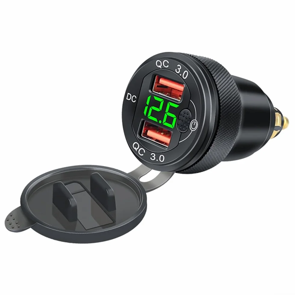 Ładowarka motocyklowa z dwoma portami USB i wyświetlaczem napięcia, obsługuje QC3 0 do urządzeń szybkiego ładowania (zielona)