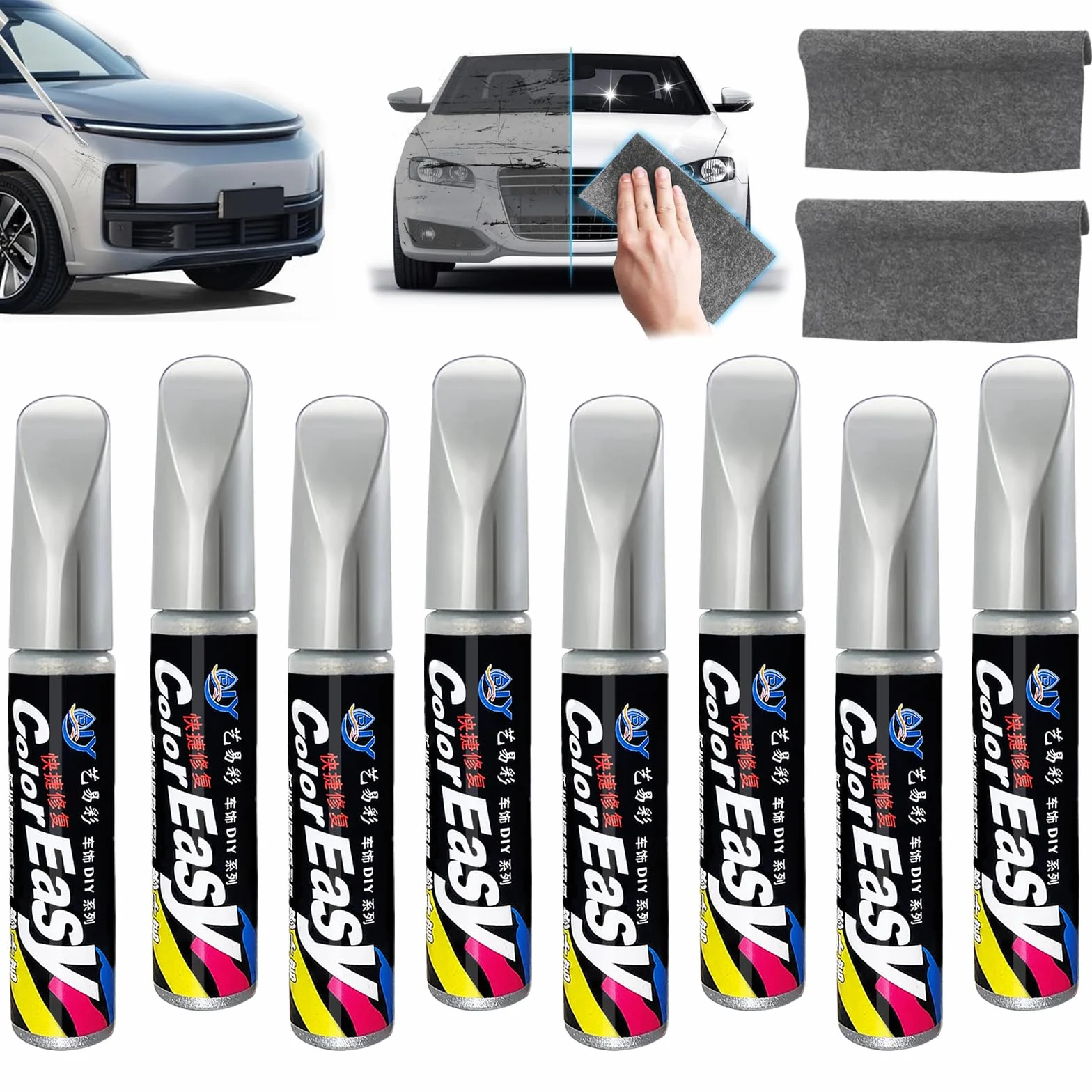 VINEST 8 sztuk pisaków do lakieru samochodowego 12 ml srebrnych metalicznych błyszczące z 2 ściereczkami nano Sparkle
