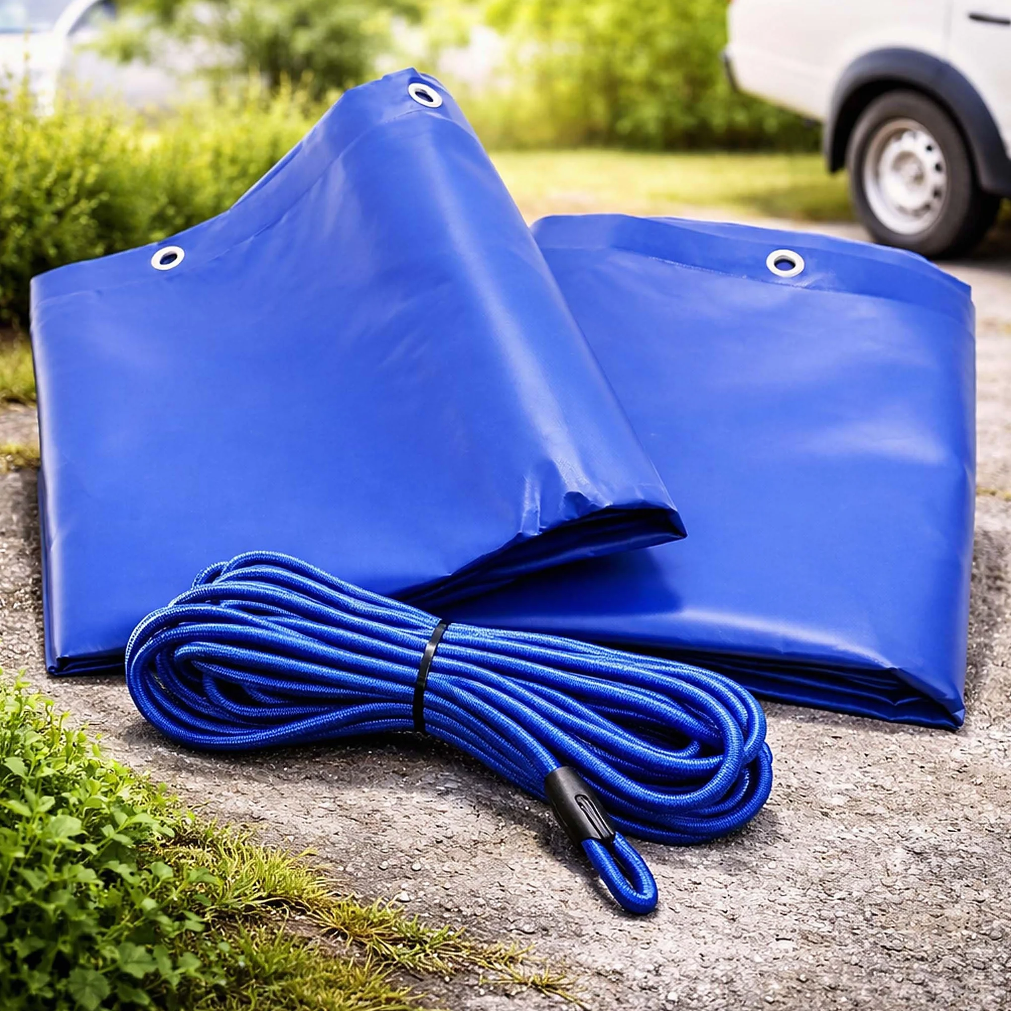 Plandeka płaska na przyczepkę 2575x1345x50 mm PVC wodoodporna z oczkami i liną