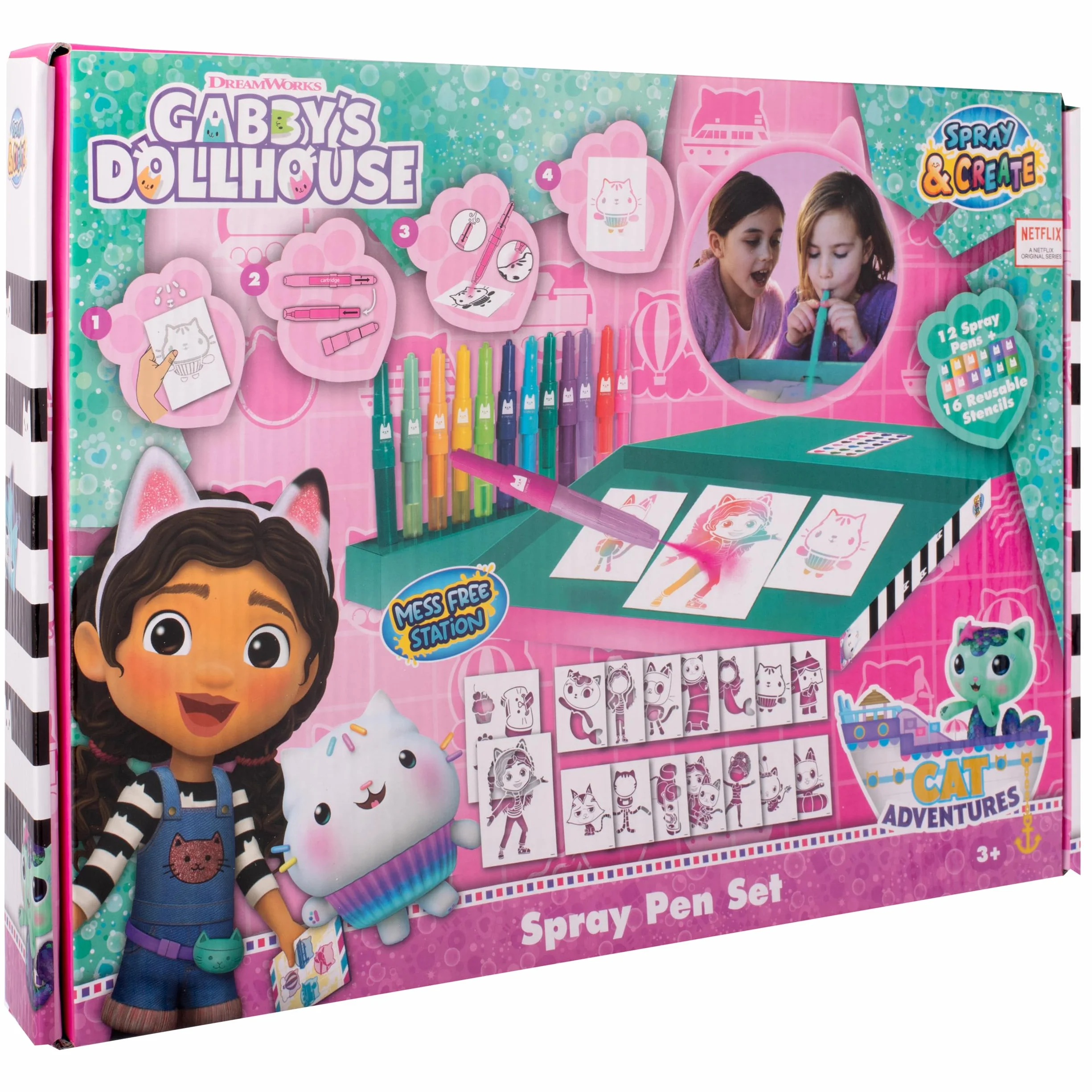Gabby's Dollhouse - Zestaw pisaków w sprayu – kredki dla dzieci – zestaw do malowania z kolorowymi kredkami i szablonami do malowania, 1 stück (1er Pack), GD23368, wielokolorowa