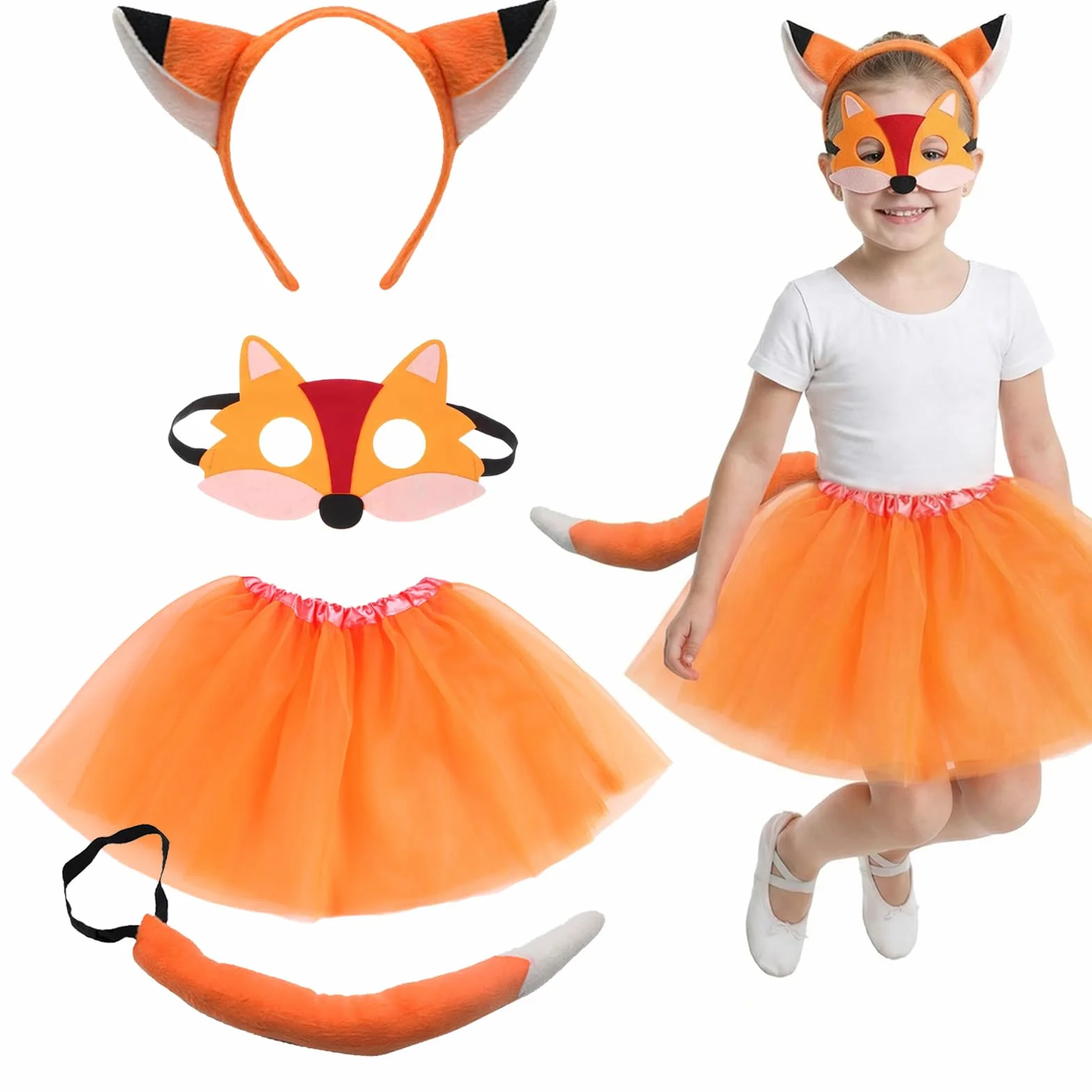 4-częściowy zestaw kostiumu lisa dla dziewcząt, sztuczne uszy lisa, długi ogon, maska i tutu, fantazyjny strój na Halloween, Boże Narodzenie, karnawał, uroczystości, Światowy Dzień Książki