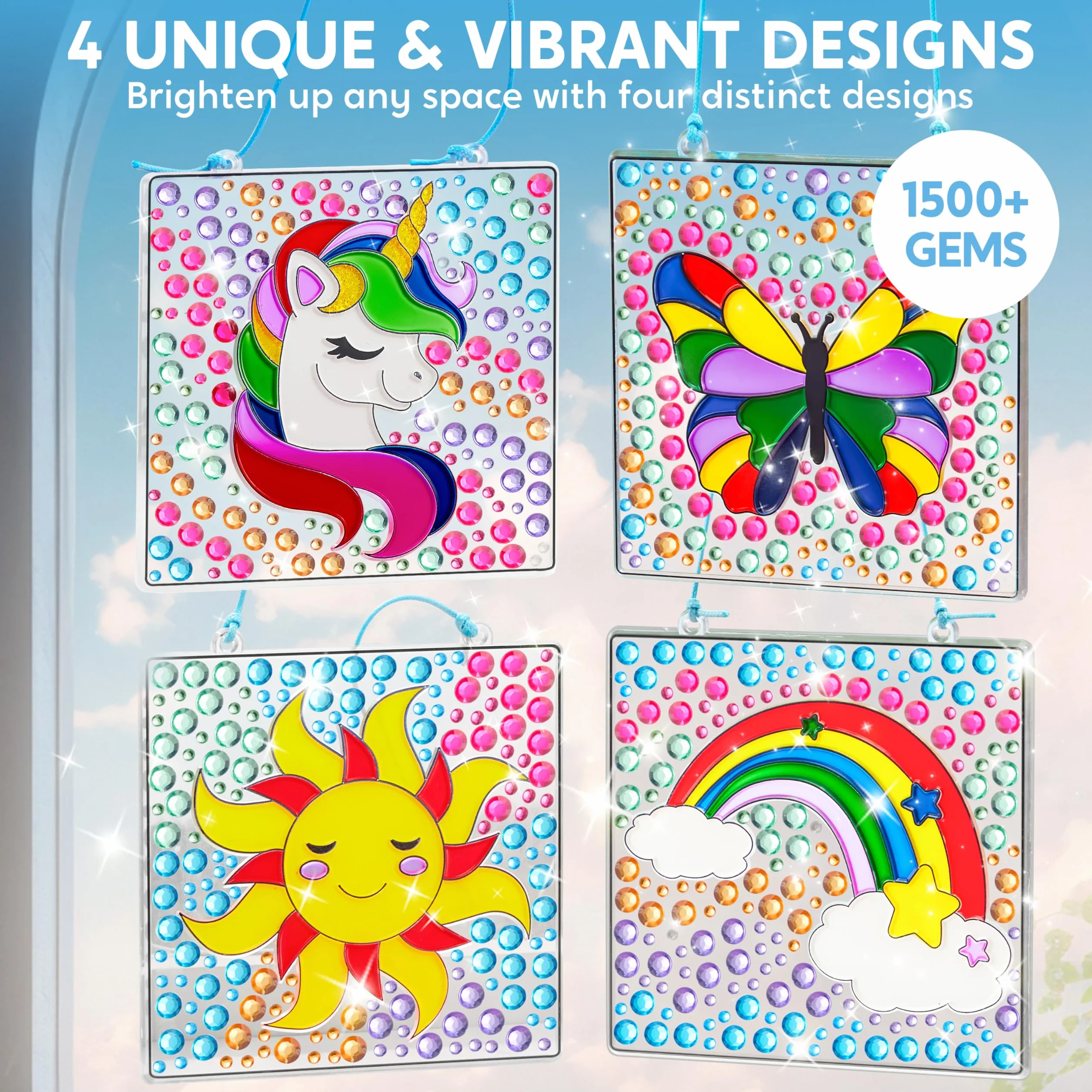 Klever Kits Zestaw do robótek Suncatcher dla dzieci w wieku 6 7 8 9-12 lat, 4-częściowy zestaw do malowania klejnotów: Słońce, Jednoróg, Motyl, Tęcza z oknem, długopisy, prezent urodzinowy dla