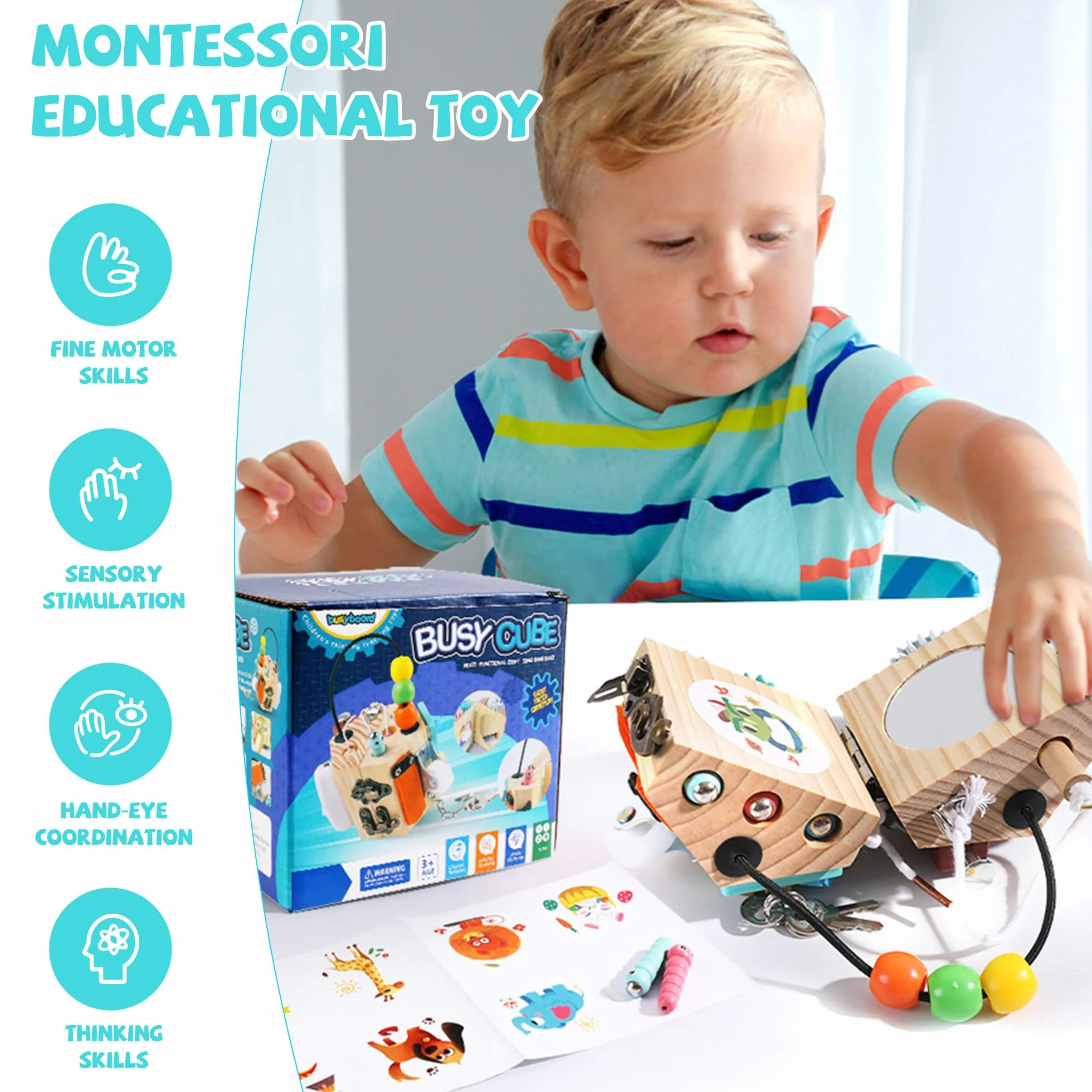Busy Board Baby Busy Activity Cube|15 w 1 Fidget Cube Kostka Stresowa Przenośna Zabawka Antystresowa, Zabawka Kostka Aktywności, Kostka Motoryczna Montessori Zabawka Edukacyjna dla Małych Dzieci od 3