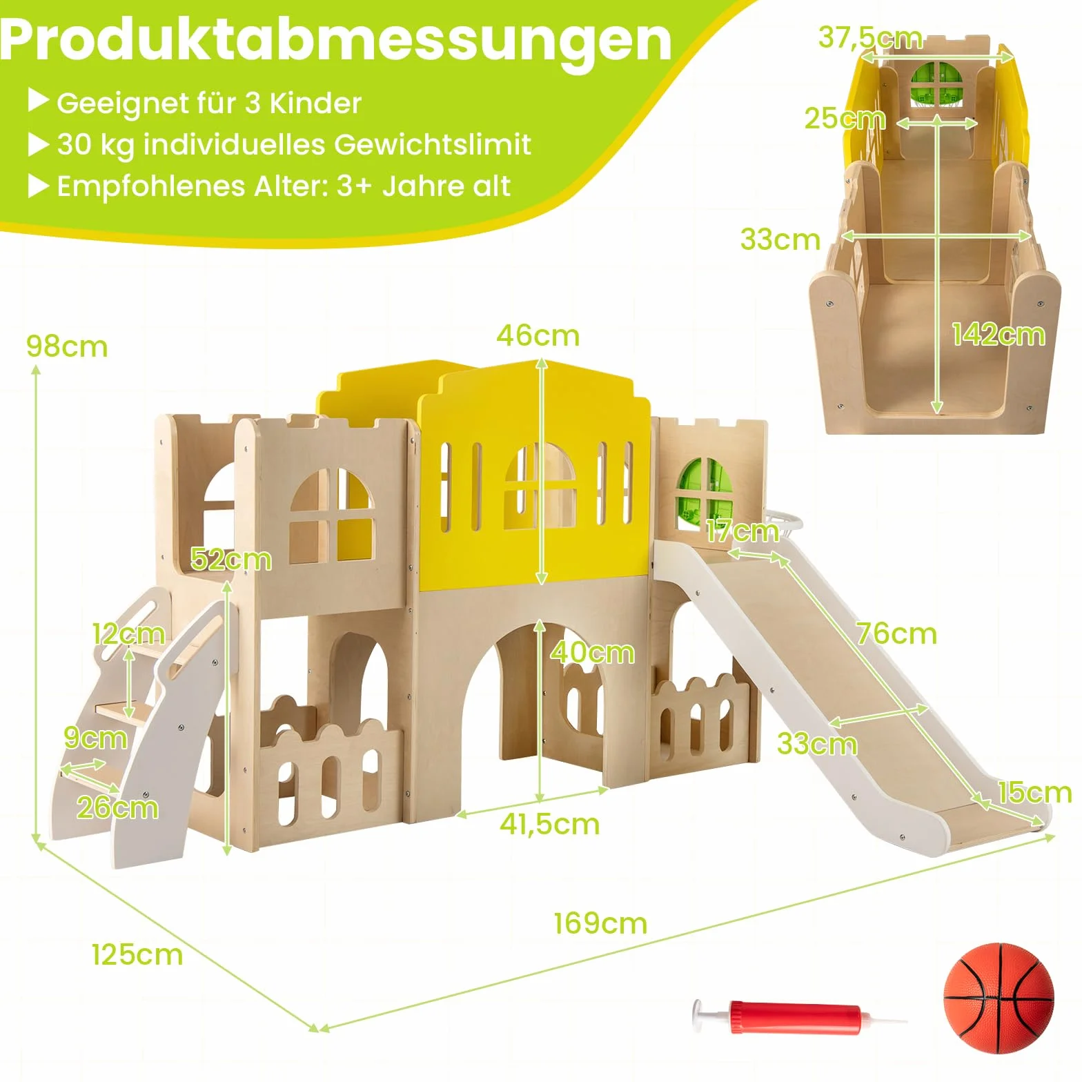 COSTWAY Zjeżdżalnia dziecięca 7 w 1, z drabinką do wspinaczki, koszem do koszykówki, tunelem i miejscem do przechowywania, do wspinaczki, drewniany plac zabaw dla dzieci od 3 lat