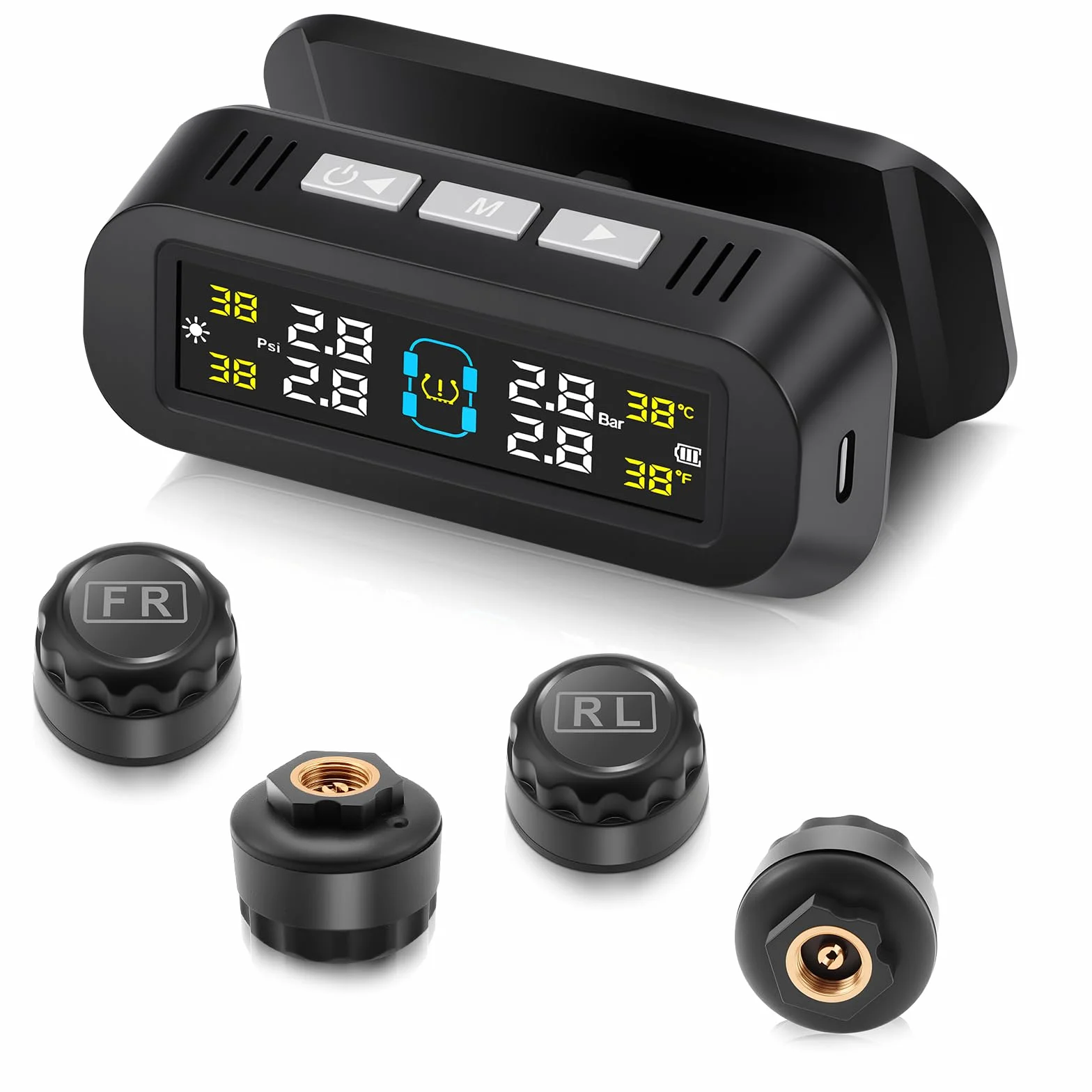 System monitorowania ciśnienia w oponach TPMS monitor ciśnienia w oponach solarny bezprzewodowy i ładowanie USB z 4 czujnikami zewnętrznymi, alarmy głosowe do samochodów kempingowych, SUV-ów