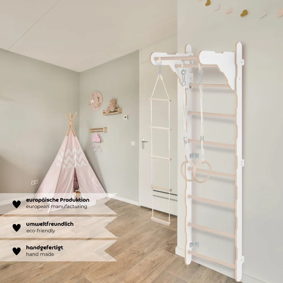 MAMOI® Drabina gimnastyczna dla dorosłych (210 cm) | drabina ścienna z drewna | drabina do wspinaczki | pierścienie gimnastyczne | mata ochronna | lina wspinaczkowa | 100% ekologiczna | wyprodukowano