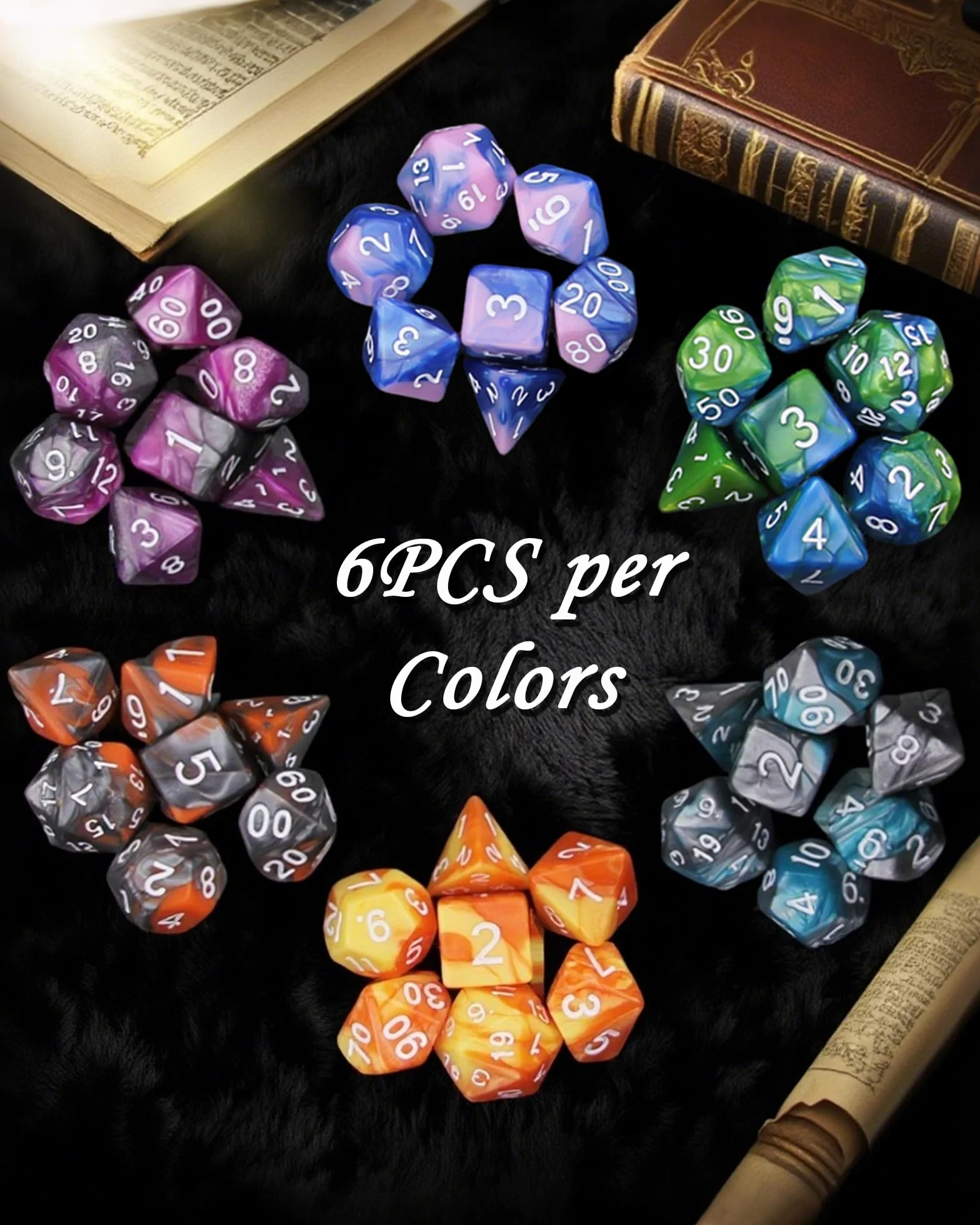 Wielościenne Kości RPG, 42 Sztuk – 6 Zestawy z torbą do przechowywania dla D&D, MTG oraz gier planszowych, Zawiera D20, D12, D8, D6, D4, D10 (0-9) i D10 (00-90)