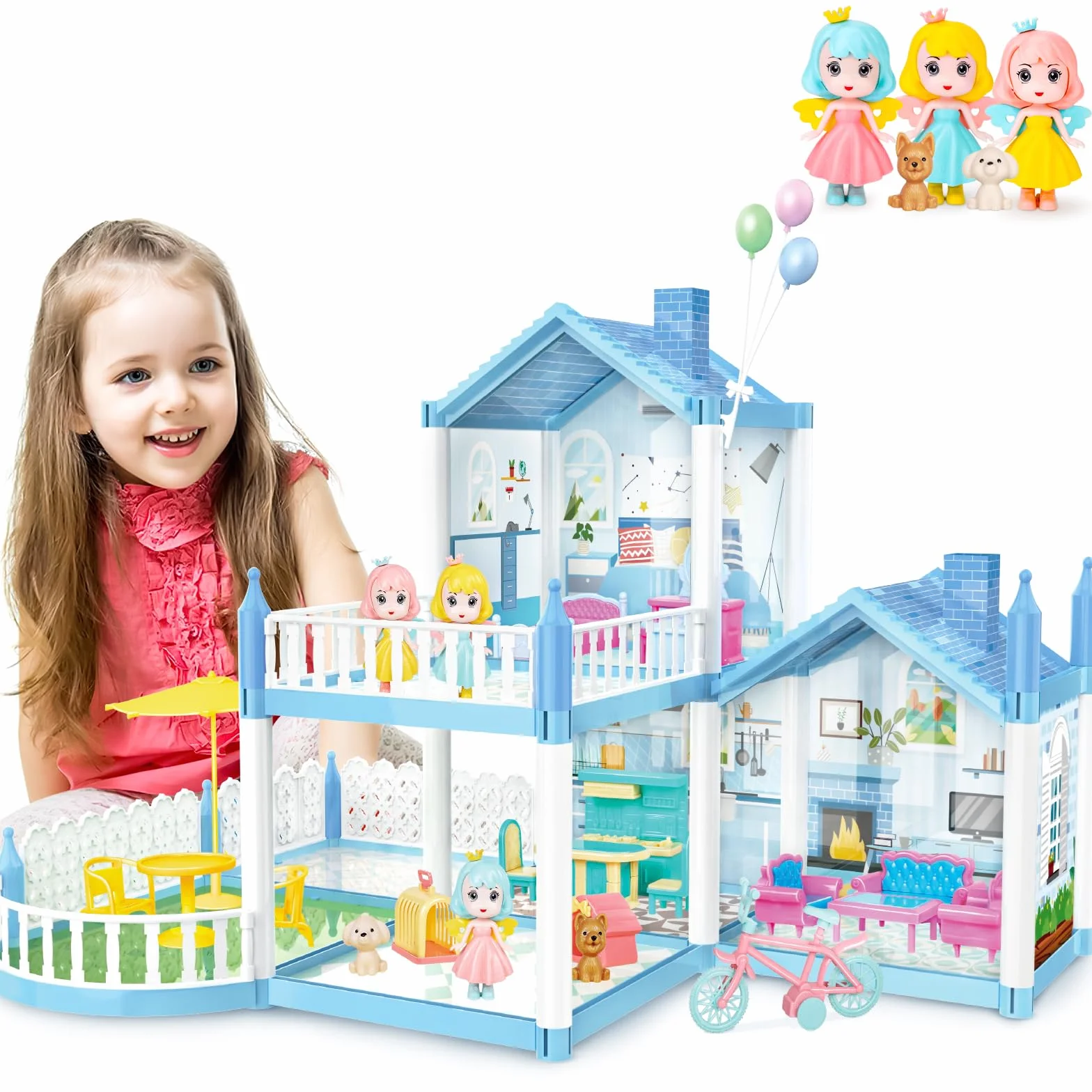 deAO Domek dla lalek dla dziewczynek, domek dla lalek z 3 figurkami lalek, meble, akcesoria, domek dla księżniczki, wymarzony dom, zabawka, prezent dla dziewczynek 3, 4, 5, 6, 7, 8 lat (niebieski)