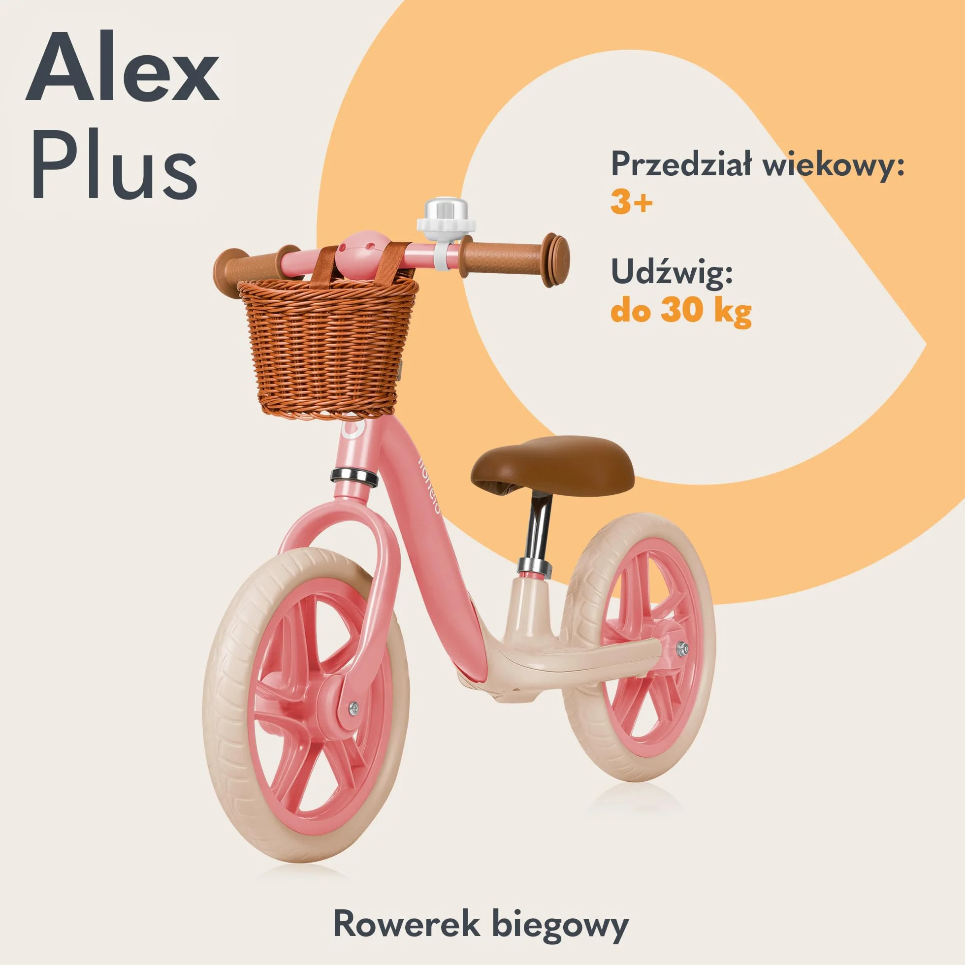 LIONELO ALEX PLUS Dziecięcy Rowerek Biegowy do 30 kg, od 3 lat, Piankowe Koła EVA 30,5 cm, Podnóżek Kosz Regulacja Siodełka i Kierownicy, Antypoślizgowy Uchwyt, Lekki 3,4 kg (Beżowy)