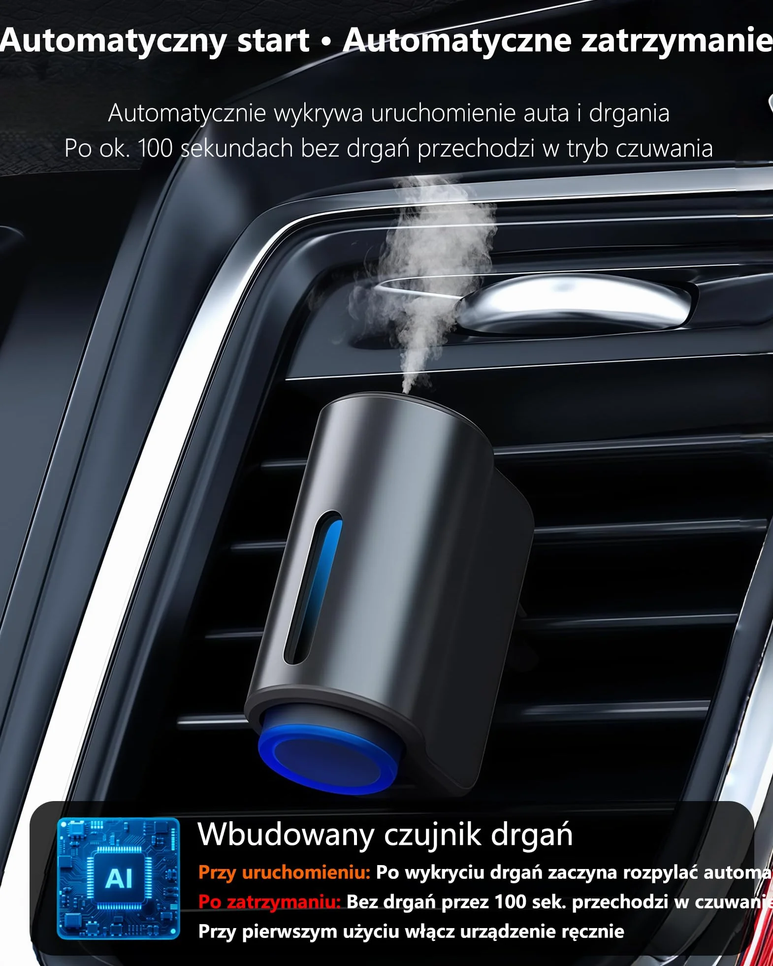 2025 Samochodowy Odświeżacz Powietrza z 150ml Perfum (Cologne) Elektryczny Dyfuzor Ultradźwiękowy 3 Inteligentne Tryby Automatyczne Włączanie/Wyłączanie Wbudowana Bateria Wystarcza na 6 Miesięcy
