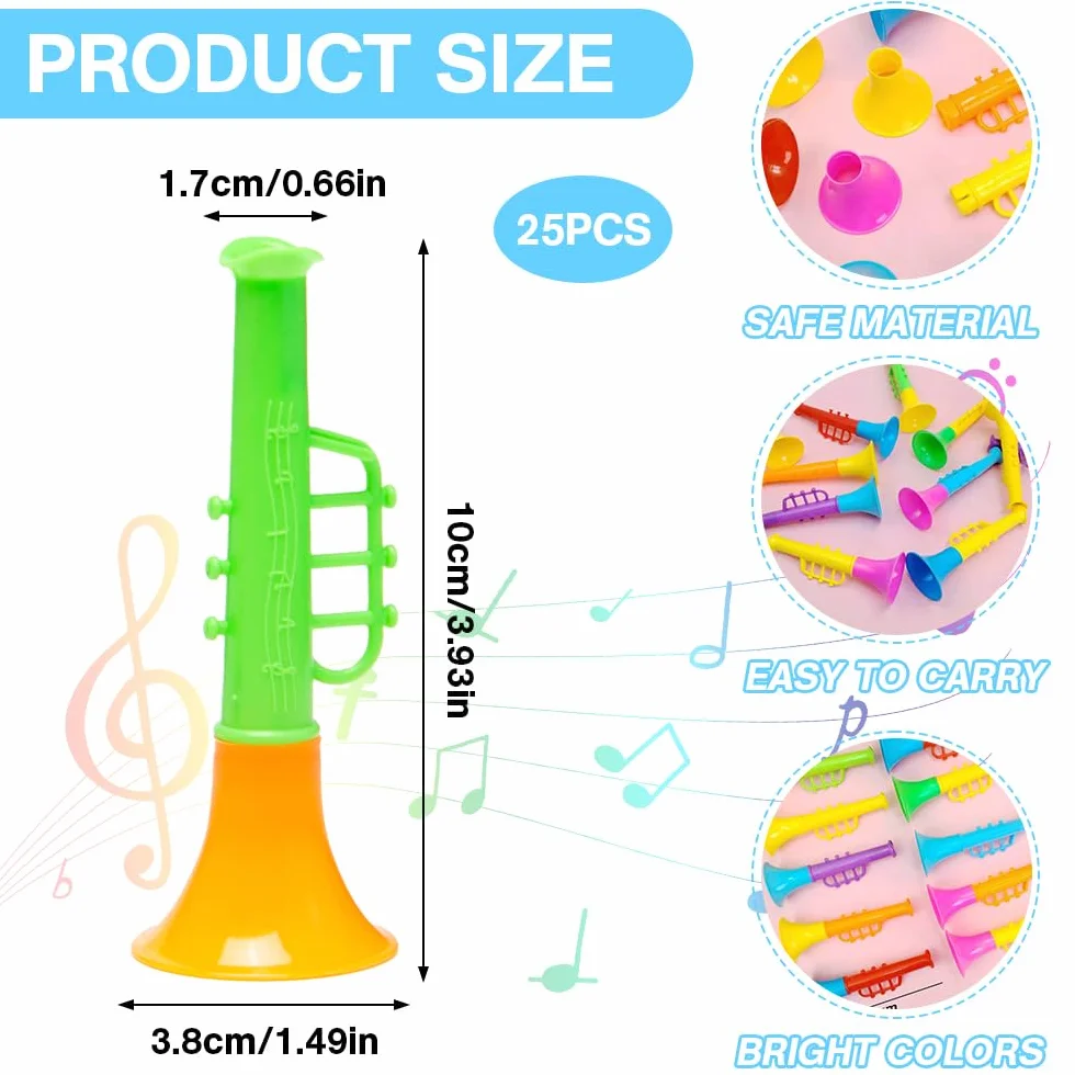 25 sztuk trąbki plastikowe trąbki zabawki dla dzieci puvuzela przenośna trąbka zabawka instrumenty muzyczne dla dzieci mini trąbka producenci hałasu, trąbka dla dzieci, kolorowa, 10 x 3,8 cm