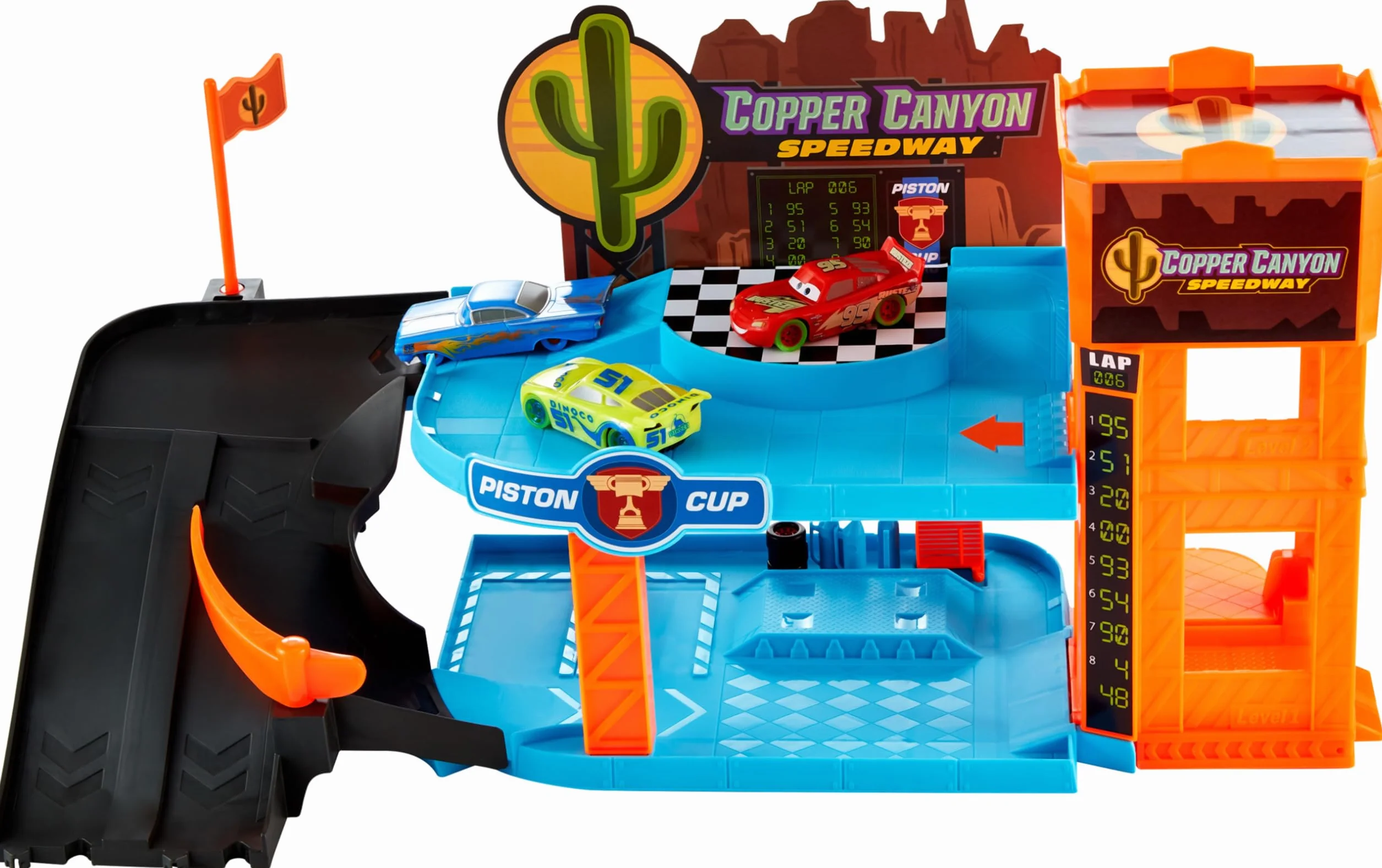 Mattel Disney Pixar Cars Auta Glow Racers Garaż Copper Canyon Świecący w ciemności Zestaw z 3 samochodzikami w skali 1:55, HPX75