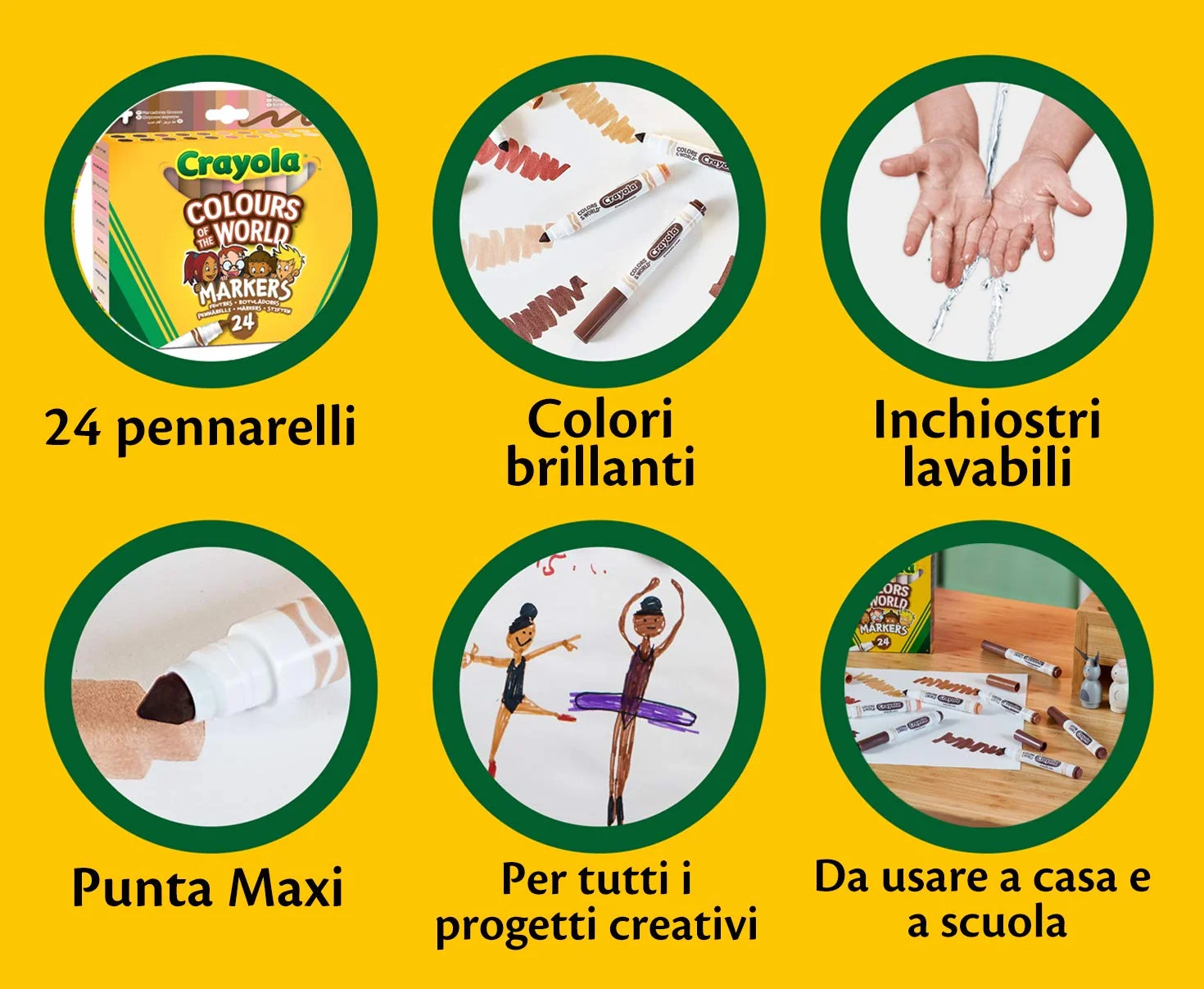 CRAYOLA Kolory świata, zmywalne markery, różne kolory (24 szt.) | kolory reprezentujące odcienie skóry z całego świata, idealne dla dzieci w wieku od 3 lat