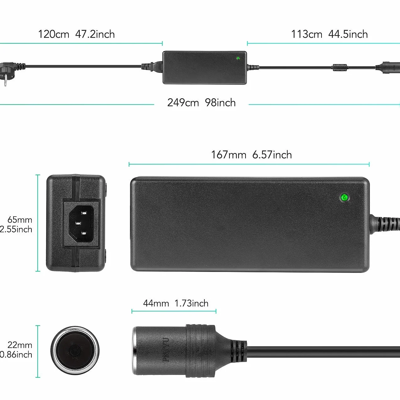 AGPTEK adapter sieciowy, przetwornica napięcia od 100 do 240 V na 12 V/10 A, falownik z gniazdem zapalniczki do kompresora lodówki, lamp LED i wentylatorów