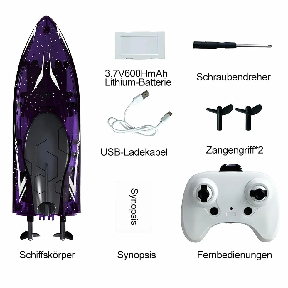 Zdalnie Sterowana Łódź,Zabawka Z Oświetleniem LED,Pilot Zdalnego Sterowania 2,4 G, 360°,Zabawka Wodna Dla Dzieci, Wodoszczelna,Wysoka Prędkość 20 Km/h, Zabawka Basenowa Dla Chłopców I.