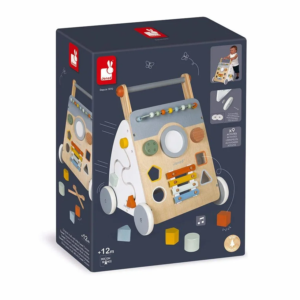 Janod - Sweet Cocoon Multi-Activity Cart - Wooden Push-In Walking Trolley - 9 Activities - Quiet Wheels, Water Based Paint - from 1 Year Old, J04410
