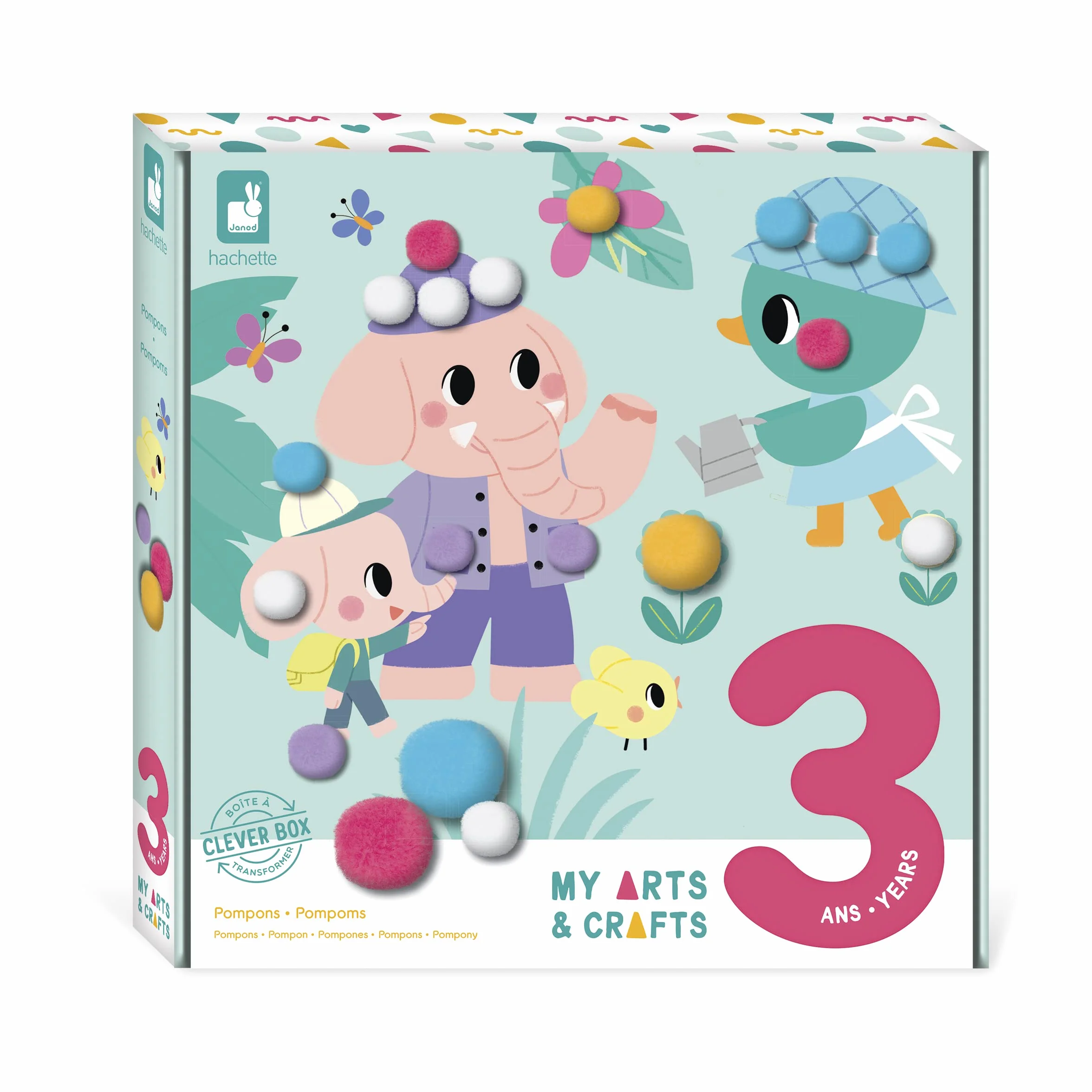 JANOD - My Arts & Crafts - 3 lata - Zestaw z pomponem - 4 obrazy - Zestaw rekreacyjny dla dzieci - Nauka umiejętności motorycznych i koncentracji - J07741