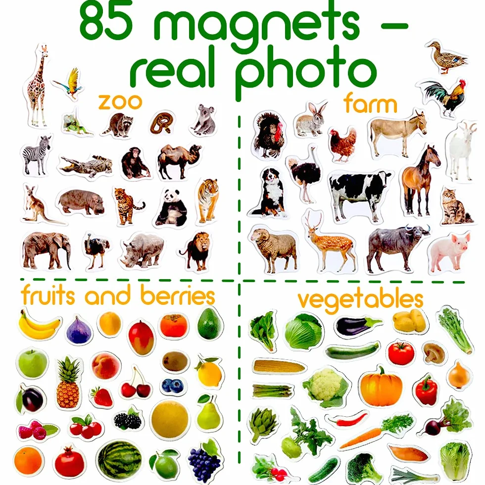 Magnesy dla Dzieci - 85 Dużych Magnesów na Lodówkę i Tablicę Magnetyczną - Zwierzęta Rolne, Zoom, Owoce, Warzywa