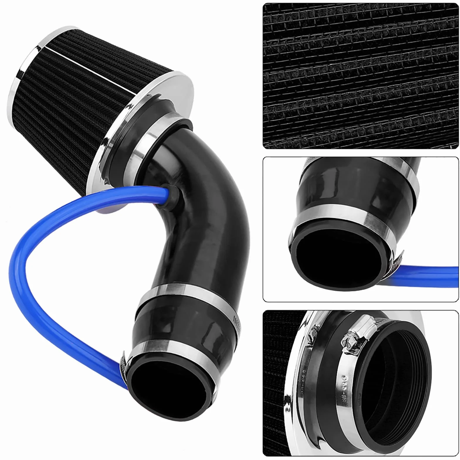 Auto Sport Filtr powietrza, 76 mm 3-calowy uniwersalny zestaw filtra wlotu powietrza chłodzącego, uniwersalny system wlotu powietrza z włókna węglowego z wężem (wzór węglowy)