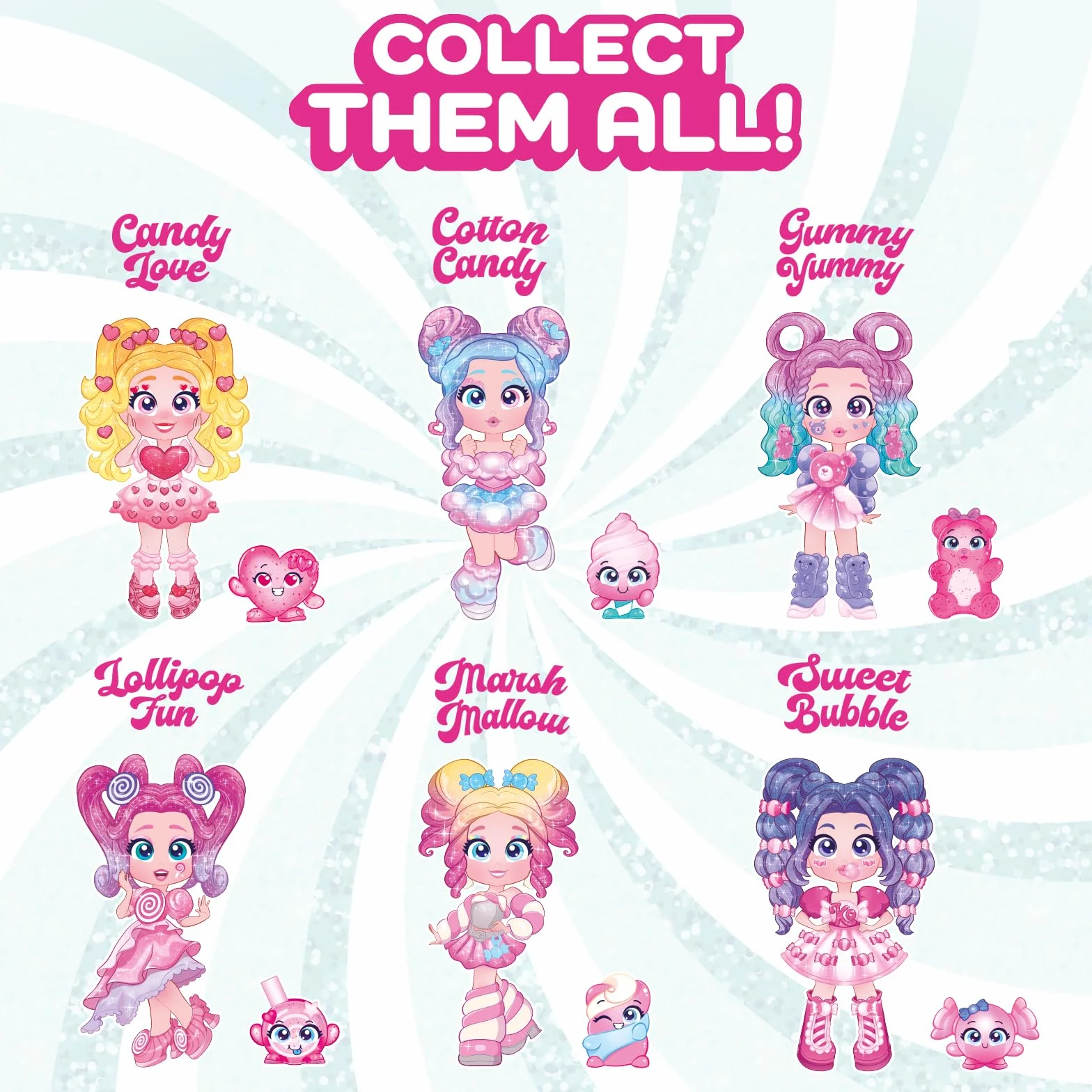 KOOKYLOOS Candy Land Series GUMMY YUMMY – laleczka do kolekcjonowania z serii Candy Land, zawartość: 1 lalka, zestaw ubrań i butów,akcesorium oraz zwierzątko,1 lalka ma 3 różne buzie!