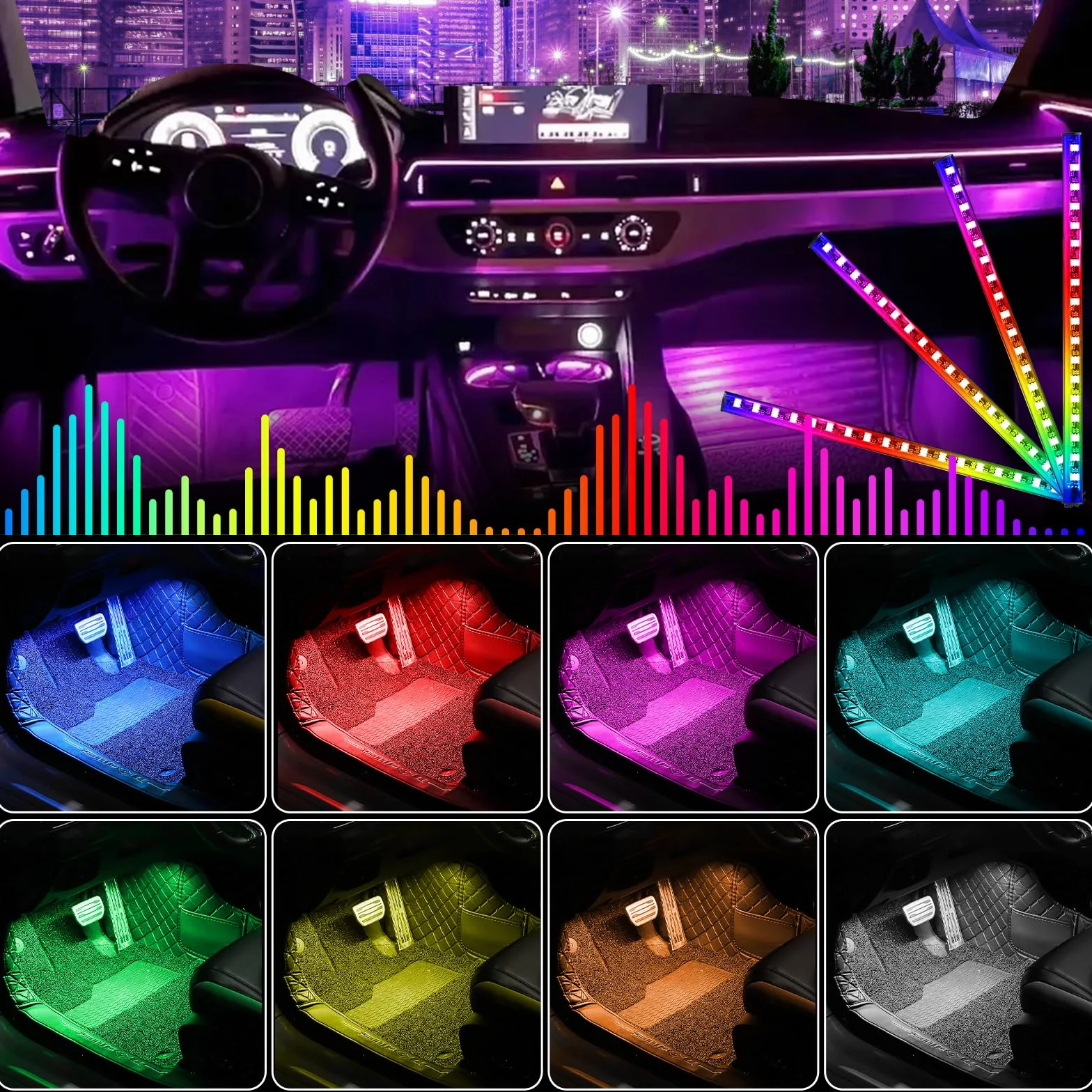 Oświetlenie wewnętrzne LED do samochodu 4 sztuki 72 paski RGB 12 V taśma LED ze sterowaniem aplikacją