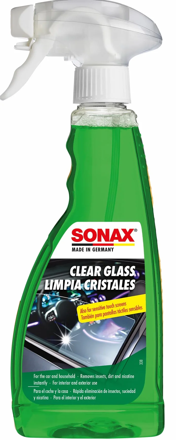 SONAX Płyn do czyszczenia szyb, 500 ml, do usuwania zabrudzeń z owadów i brudu drogowego z szyb samochodowych i reflektorów, nr art. 03382410