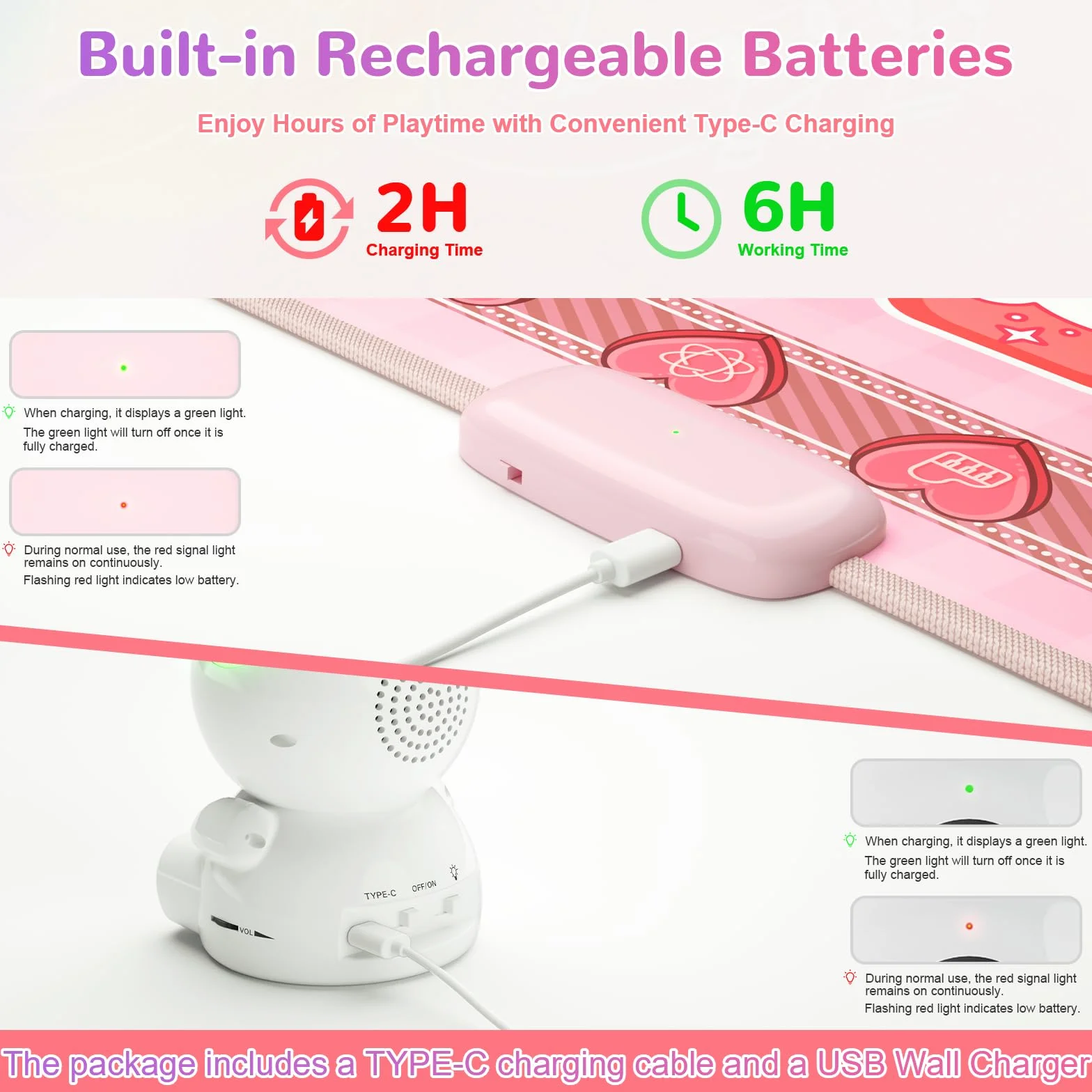 Akumulatorowa mata do tańca dla dziewczynek, podświetlana mata do tańca z bezprzewodowym Bluetooth, 5 trybami gry, regulowaną głośnością i światłami LED, prezent dla dzieci w wieku 3-12 lat (Różowa)