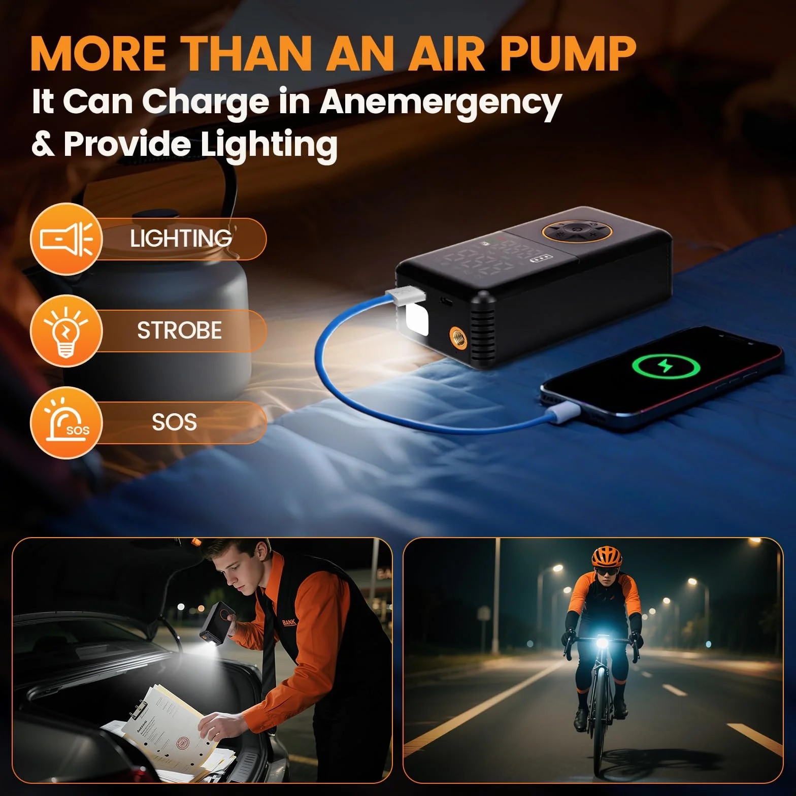 Elektryczna pompka powietrza 150 PSI,Kompresor Powietrza Przenośny,automatyczne zatrzymanie,4000 mAh Pompka do Opon Samochodowych z Ekran LCD Lampą LED Ładowanie USB do Motocykli/Piłek/rowerów