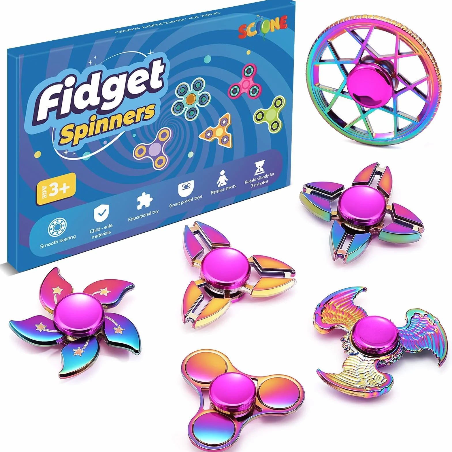 SCIONE Zestaw 6 metalowych fidget spinnerów - Premium zabawki sensoryczne na ADHD i łagodzenie niepokoju | Ciche zabawki dla dzieci i dorosłych | Prezent urodzinowy i imprezowy