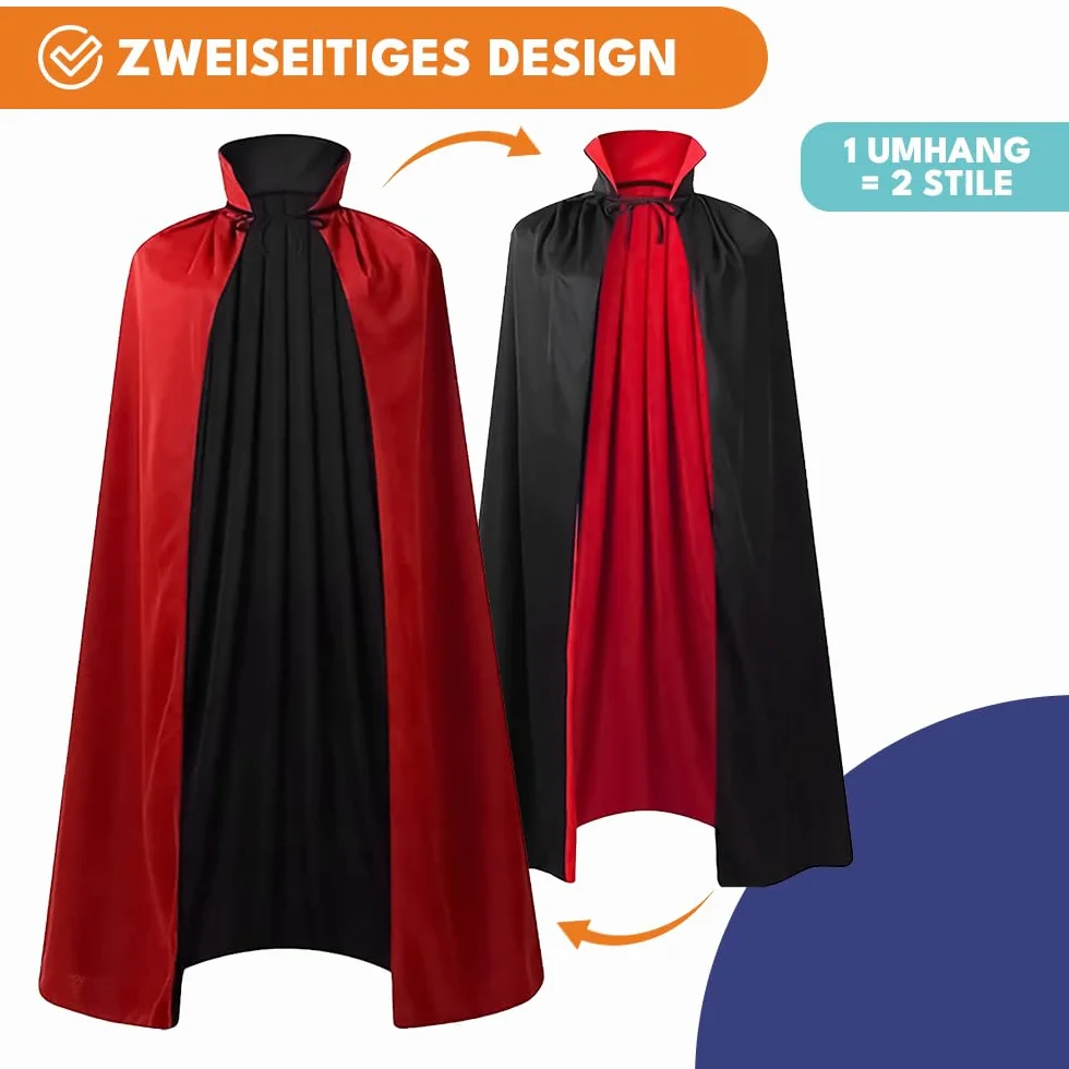 KRUMAD Peleryna Halloween Dwustronna 80 cm Czarna Czerwona, Uniwersalny Strój dla Dzieci i Dorosłych, Kostium Wampira Drakuli, Dodatek na Bal, Imprezę, Karnawał, Przebranie
