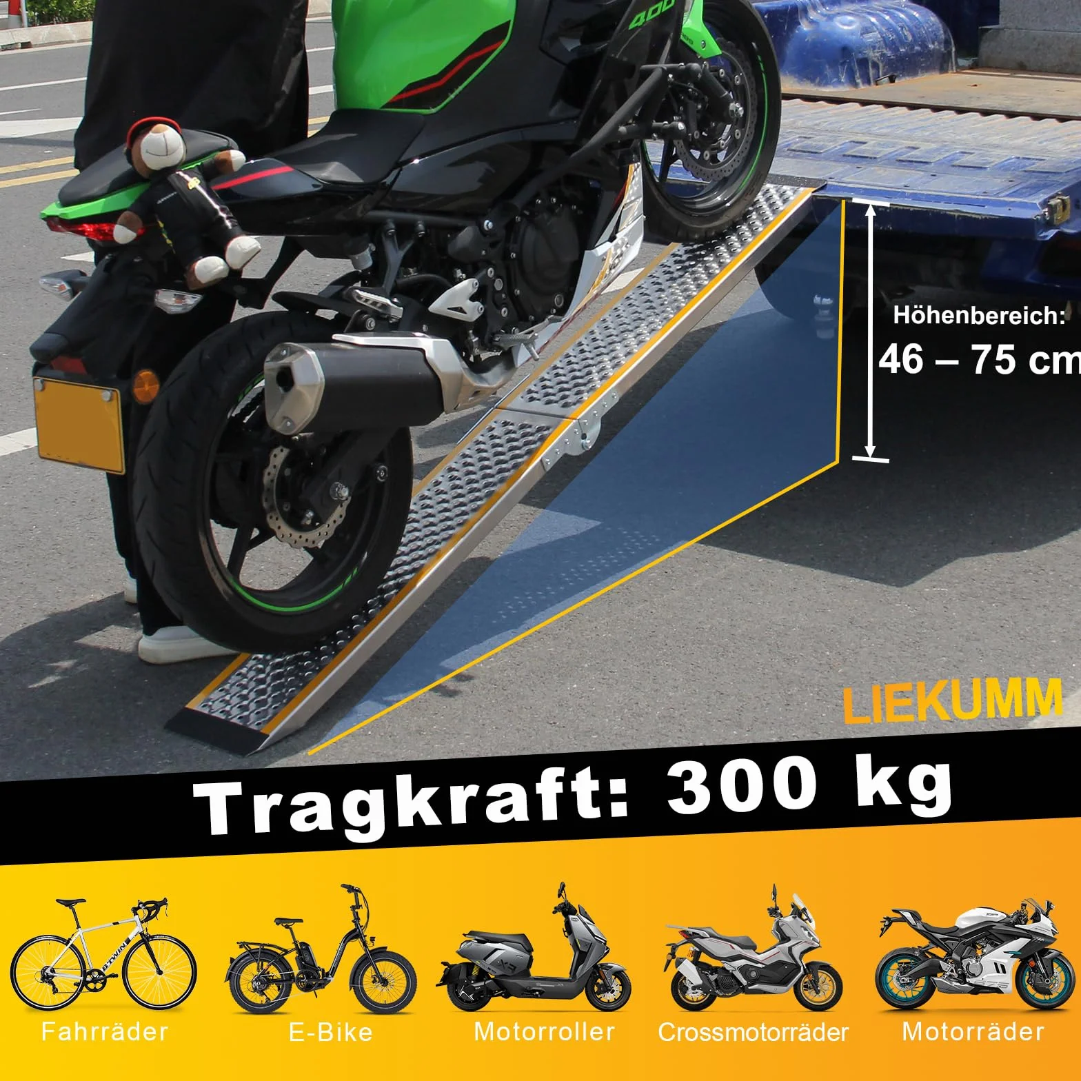 LIEKUMM Rampa najazdowa 200 cm, nośność 300 kg, aluminiowa rampa motocyklowa, składana, rampa najazdowa do przyczep, ATV, motocykli, rowerów, samochodów osobowych, rampa załadunkowa