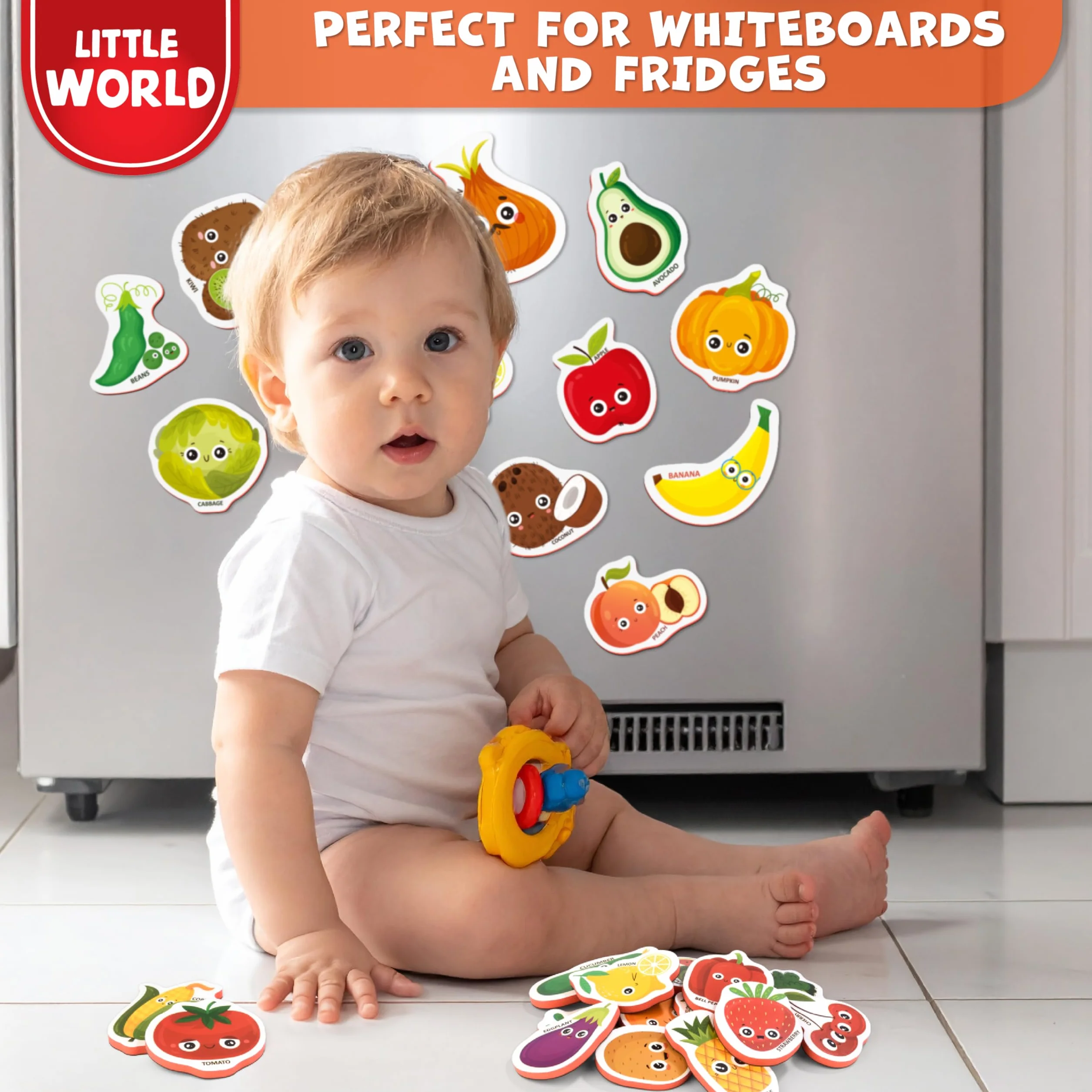 Little World 31 piankowych magnesów na lodówkę dla dzieci – magnesy na lodówkę dla małych dzieci – magnesy na lodówkę dla dzieci – magnetyczne magnesy na owoce i warzywa