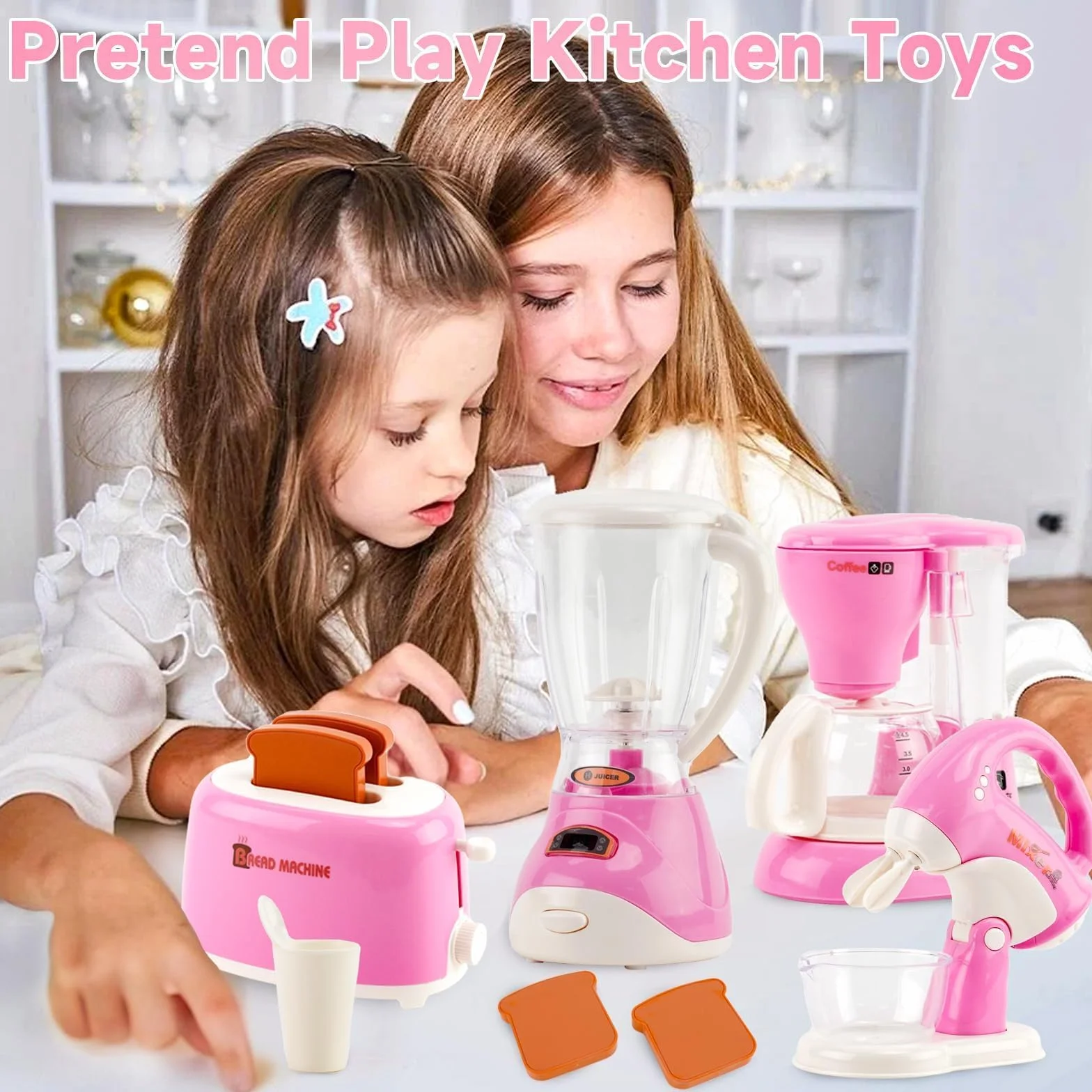 Zestaw zabawek kuchennych, zawiera jeden toster, ekspres do kawy, blender, sokowirówka, ze światłami i muzyką, prezent dla chłopców i dziewczynek od 3 lat