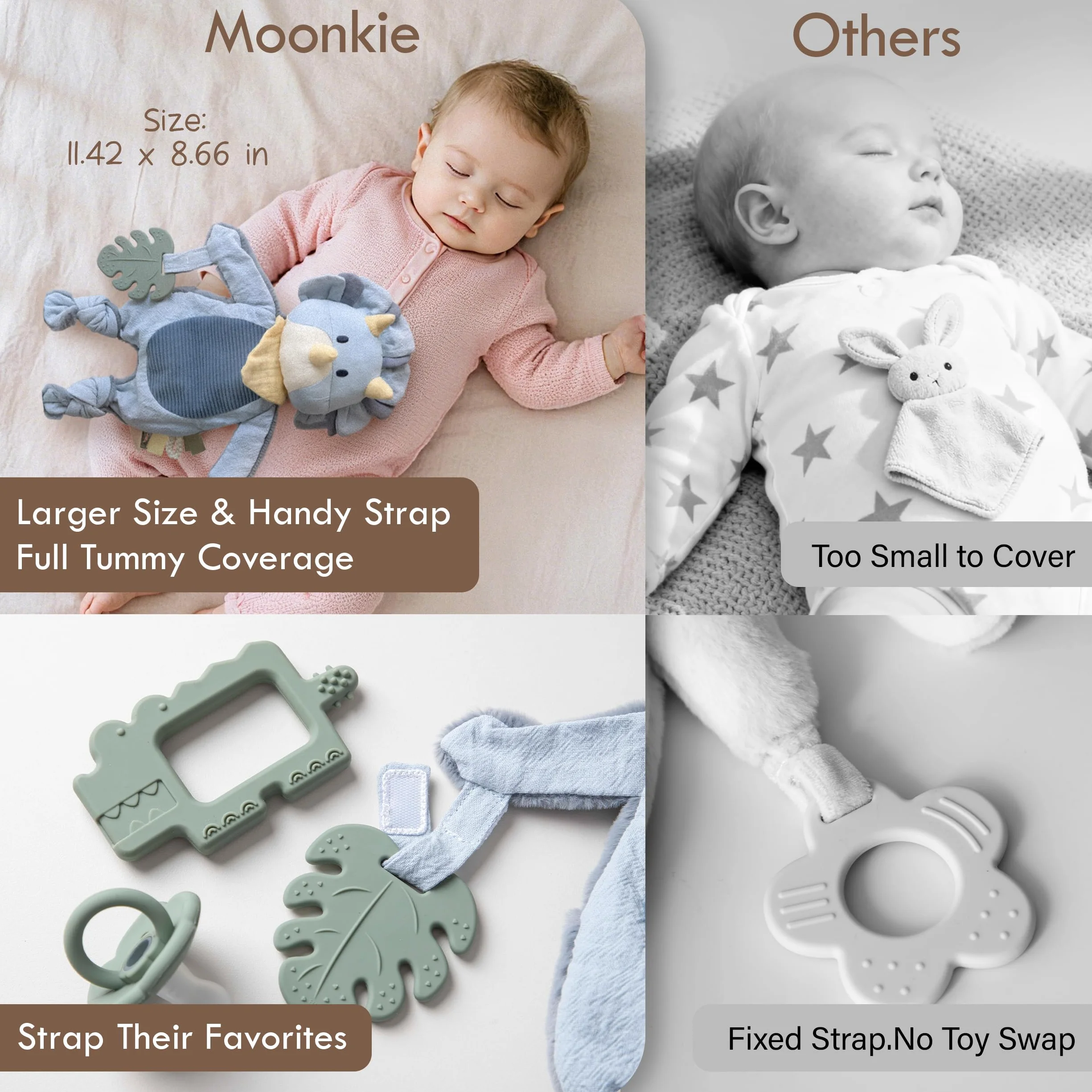 Moonkie Przytulanka dla niemowląt, pluszowy dinozaur z silikonową zabawką do ząbkowania dla niemowląt, prezent z okazji narodzin chłopca, na baby shower i urodziny, koc dla niemowląt z teksturowanymi