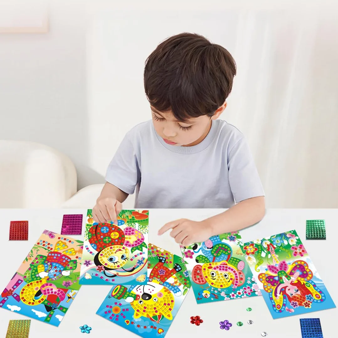 Wishstar Zestaw do majsterkowania dla dzieci, 12 sztuk samoprzylepnych mozaik, dla dzieci, brokatowe, wielokolorowe obrazy mozaiki papierowej, DIY, prezenty dla dziewcząt i chłopców od 4 lat