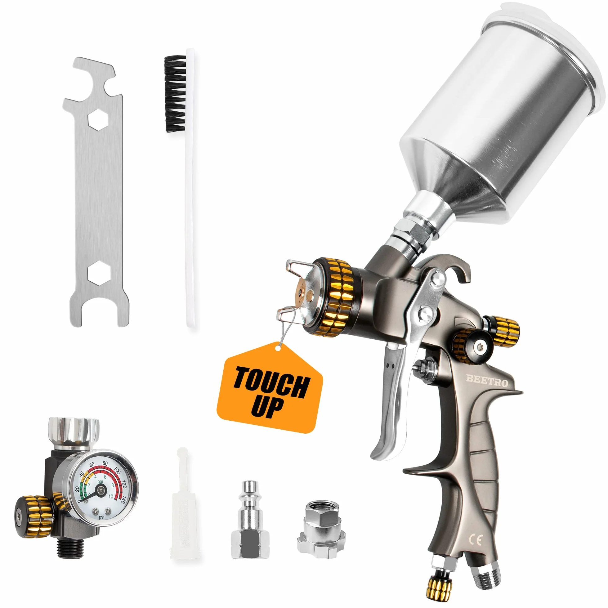 BEETRO TC0555 HVLP Mini pistolet natryskowy do lakierów bezbarwnych 1,0 mm dysza ze stali nierdzewnej 150 ml pojemność 7,0 CFM 22 psi z adapterem typu 2 zaworem sterującym powietrzem i filtrem
