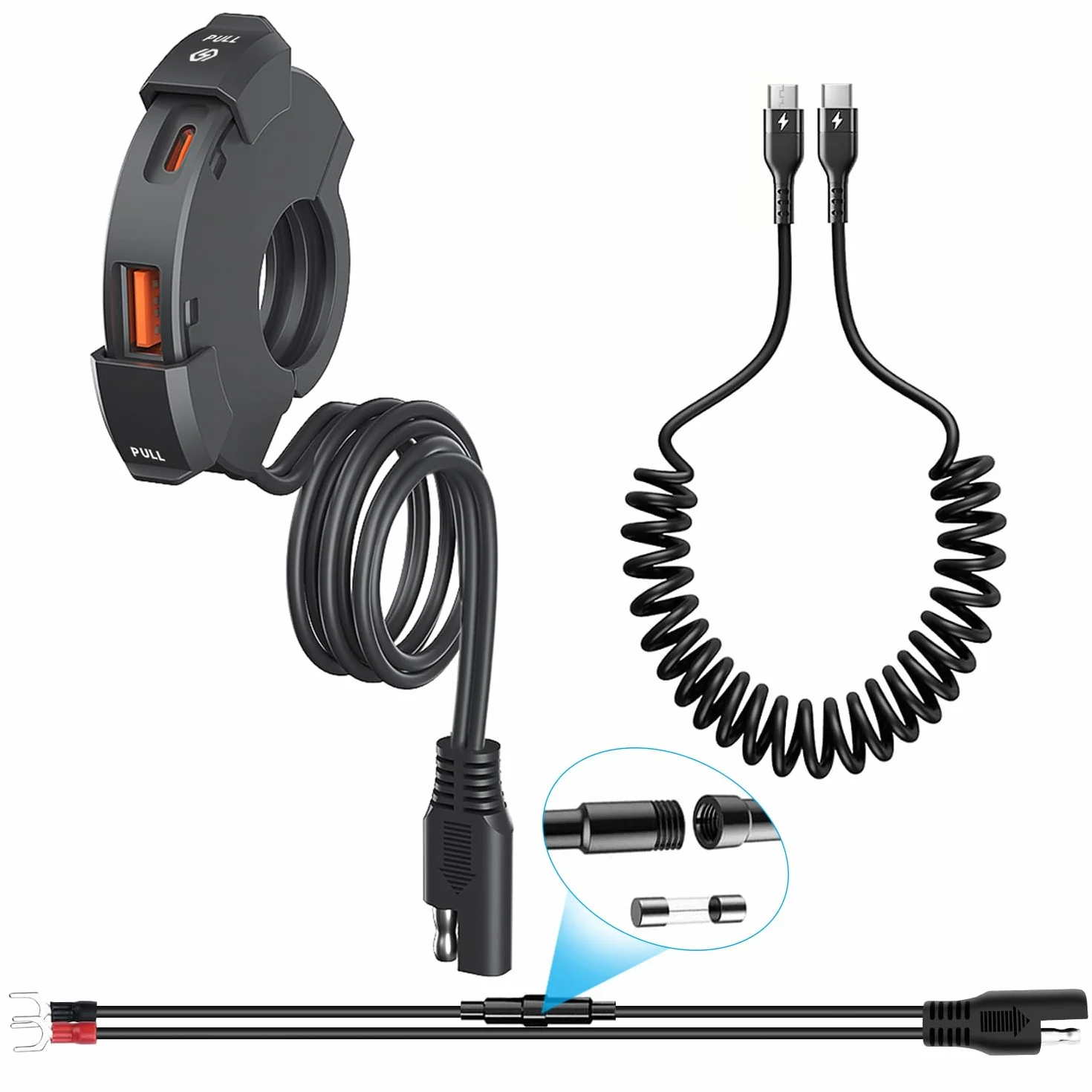 Motocyklowe Gniazdo Ładowarki, 18 W QC3.0 i 30 W PD Type-C, Podwójny Port 12 V, Wodoodporna Ładowarka USB C + Kabel Ładujący USB C