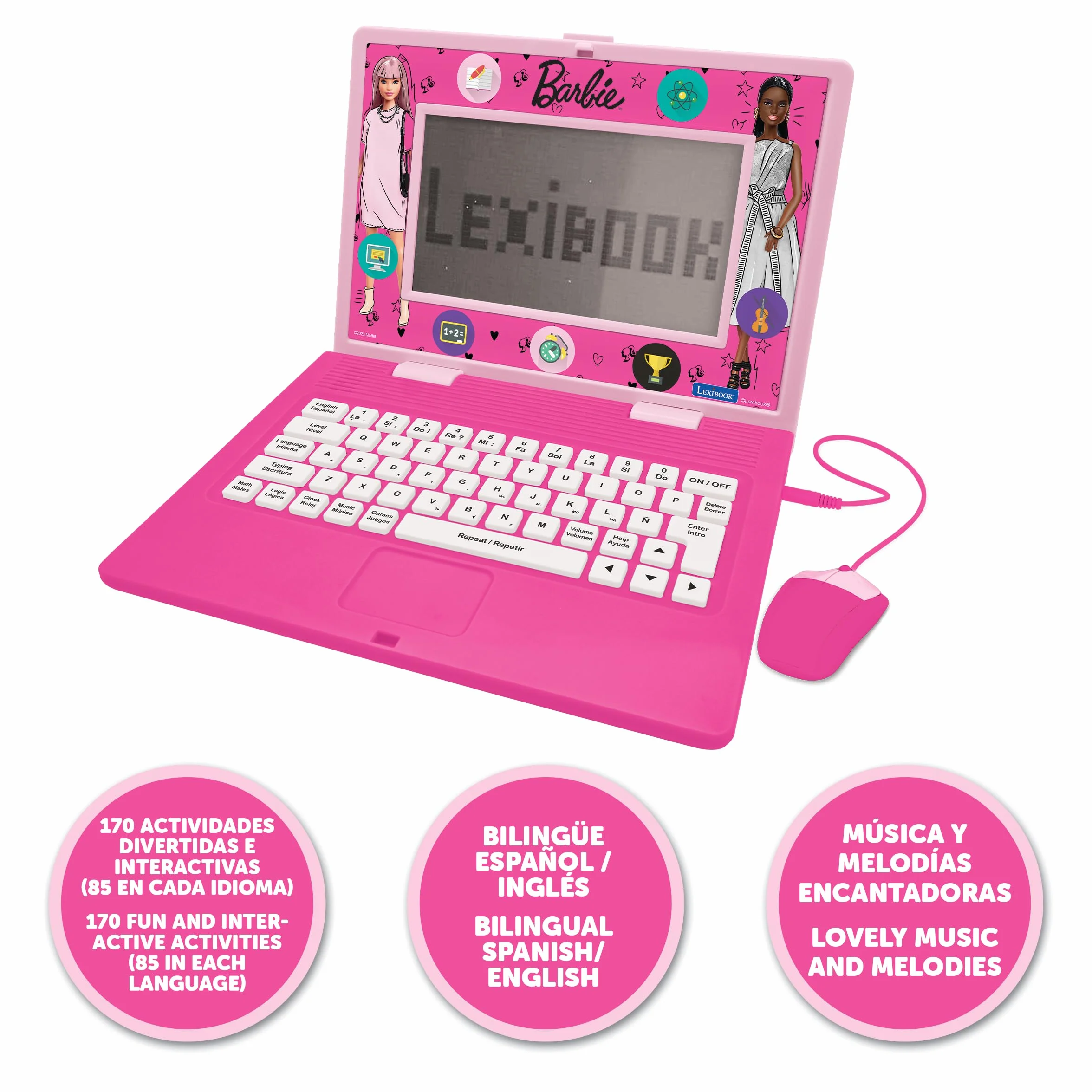 Lexibook, Barbie, dwujęzyczny i edukacyjny laptop hiszpański/angielski, zabawka dla dzieci, 170 zajęć do nauki, gry i muzyki, duży ekran, różowy, JC599BBi2