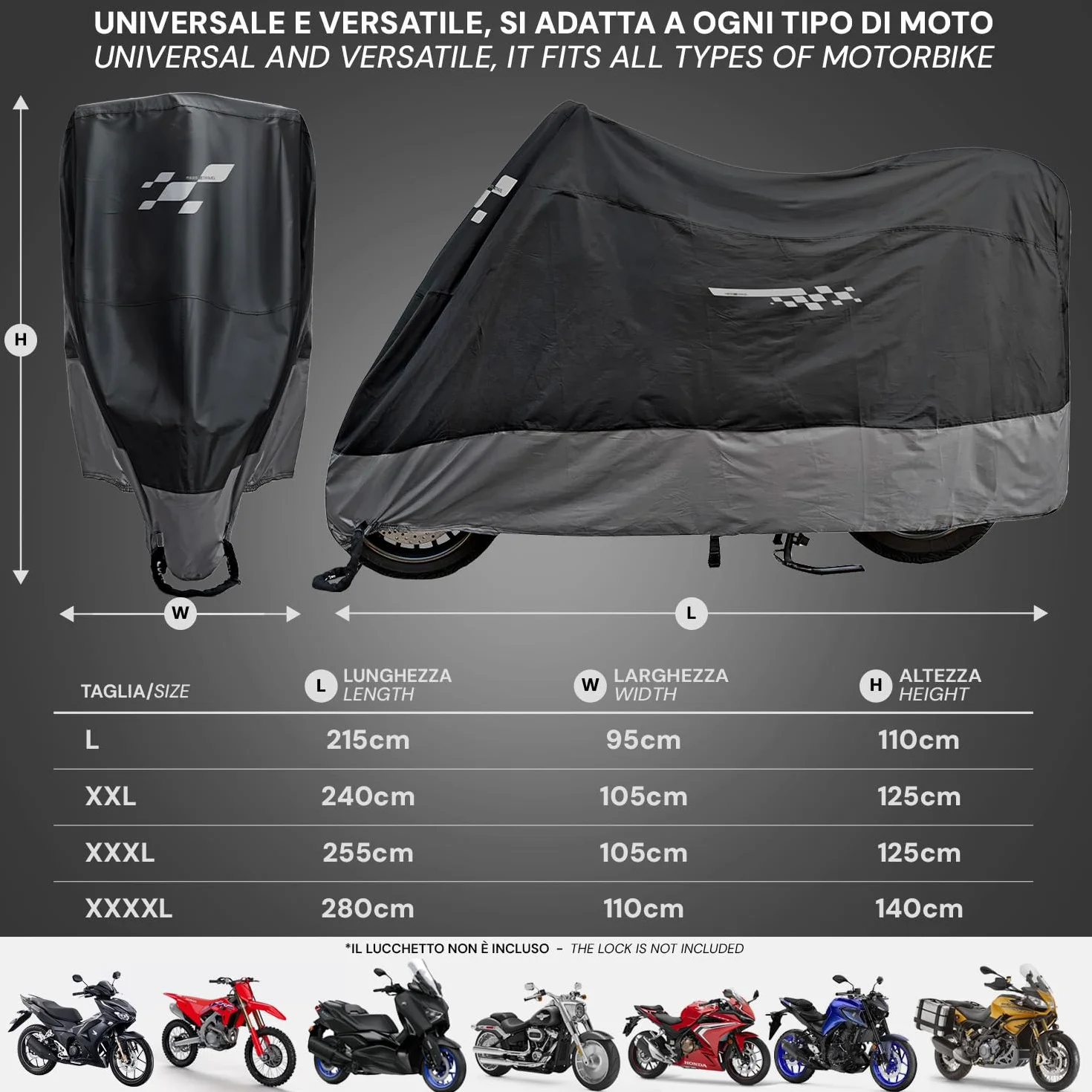 Pokrowiec Motocyklowy Zewnętrzny - Wodoodporna Zewnętrzna Osłona Motocykla - Ochrona Przed Deszczem Lodem Kurzem UV Zima Lato Osłona na Skuter - z Detalami Odblaskowymi - PERLETTI (245x105x125)