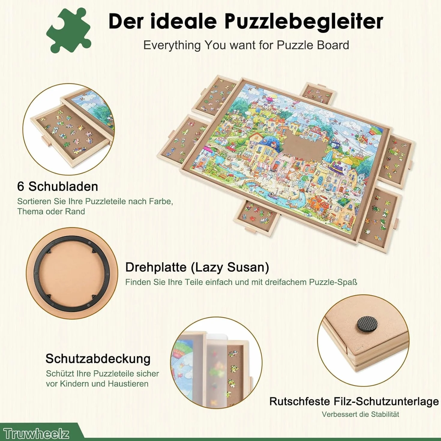 2000 elementów, obrotowa deska puzzli z 6 szufladami i pokrywą, 72,4 x 102 cm, przenośny drewniany stół puzzle dla dorosłych, Lazy Susan Spinning Puzzle Deski dla mamy